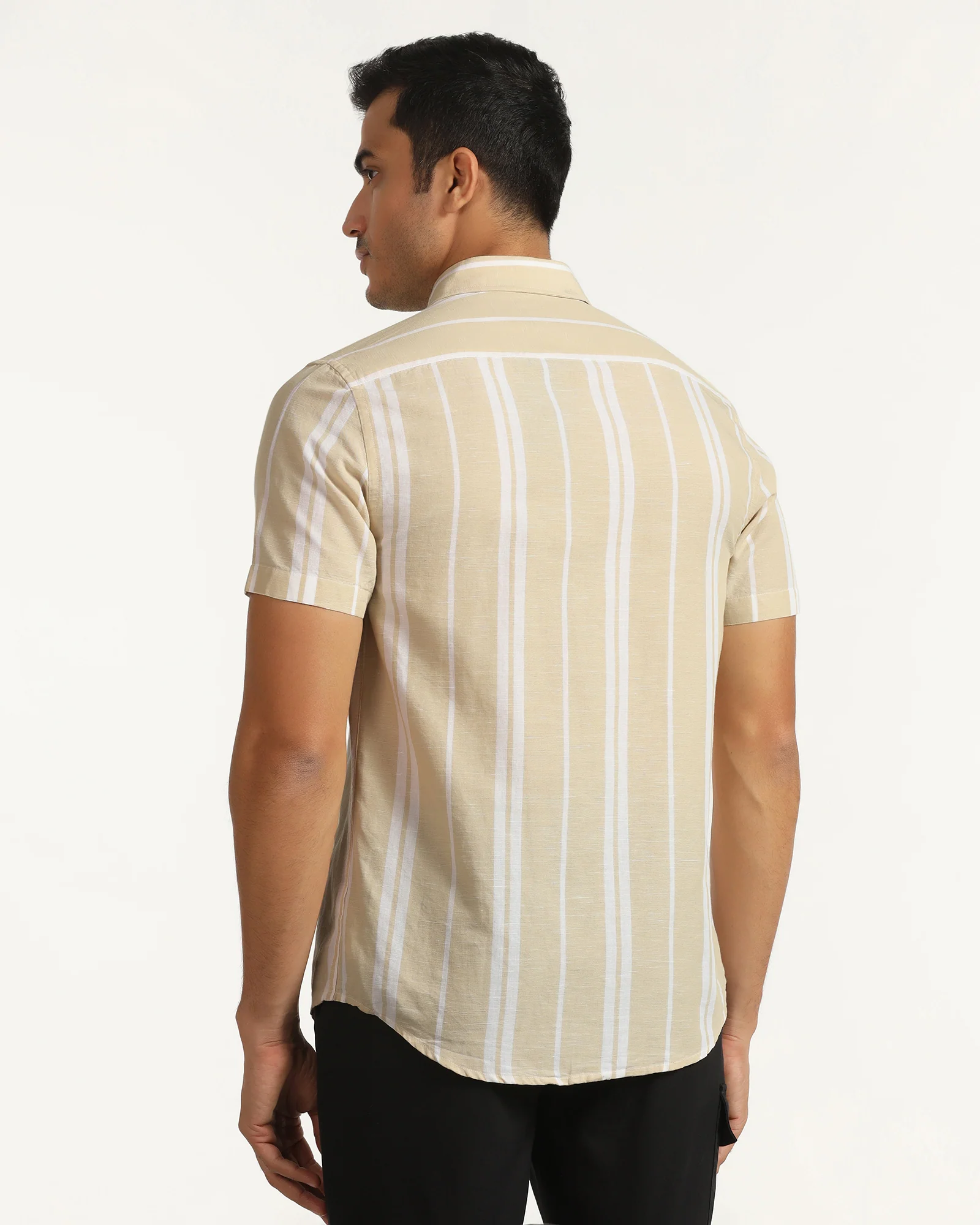 Linen Casual Half Sleeve Yellow Stripe Shirt - breton - Image 2