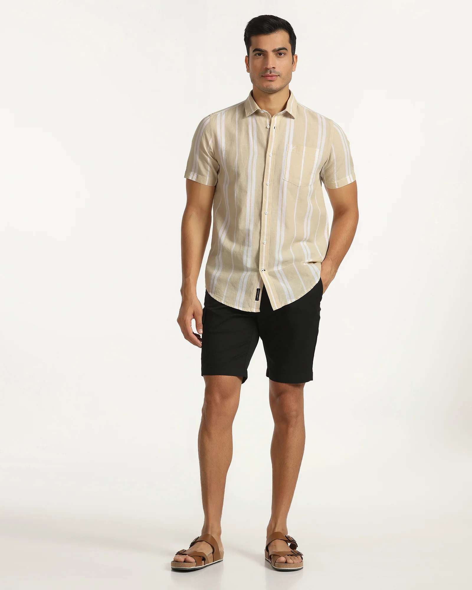 Linen Casual Half Sleeve Yellow Stripe Shirt - breton - Image 3
