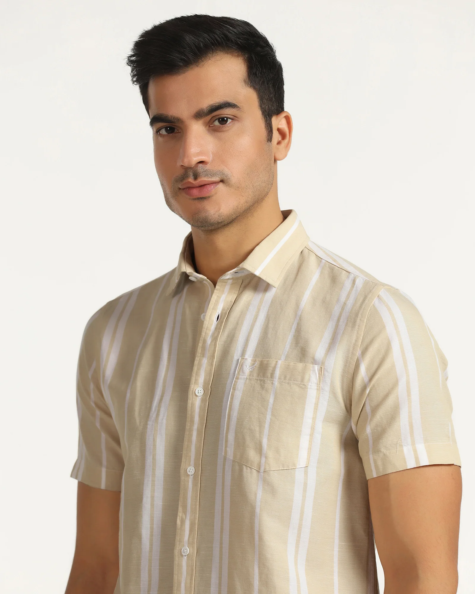 Linen Casual Half Sleeve Yellow Stripe Shirt - breton - Image 4