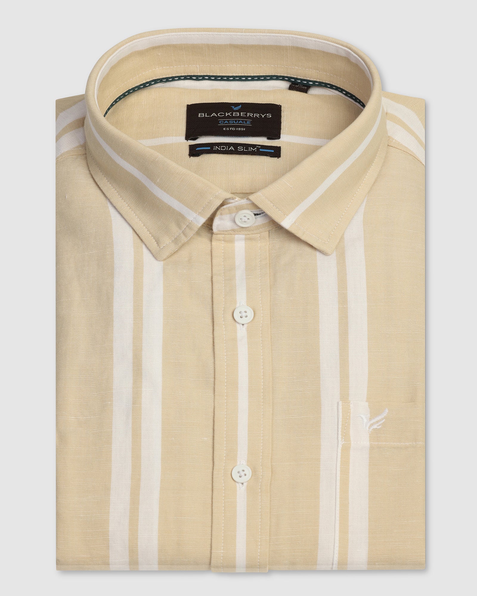 Linen Casual Half Sleeve Yellow Stripe Shirt - breton - Image 5