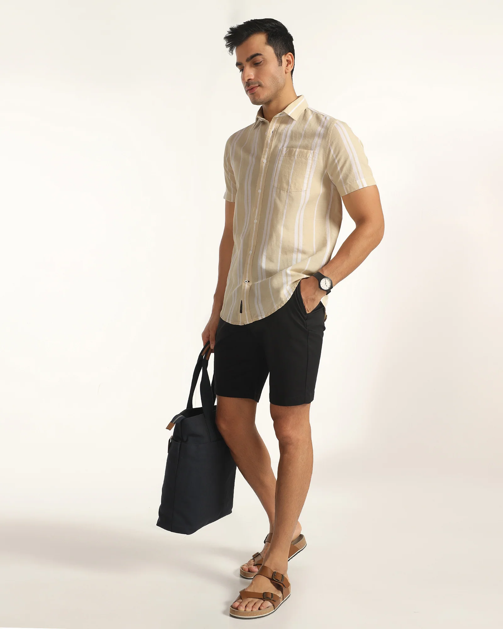Linen Casual Half Sleeve Yellow Stripe Shirt - breton - Image 7