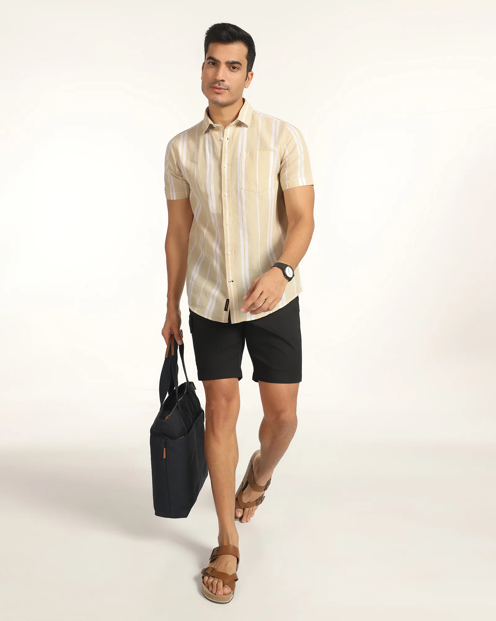 Linen Casual Half Sleeve Yellow Stripe Shirt - breton - Image 8
