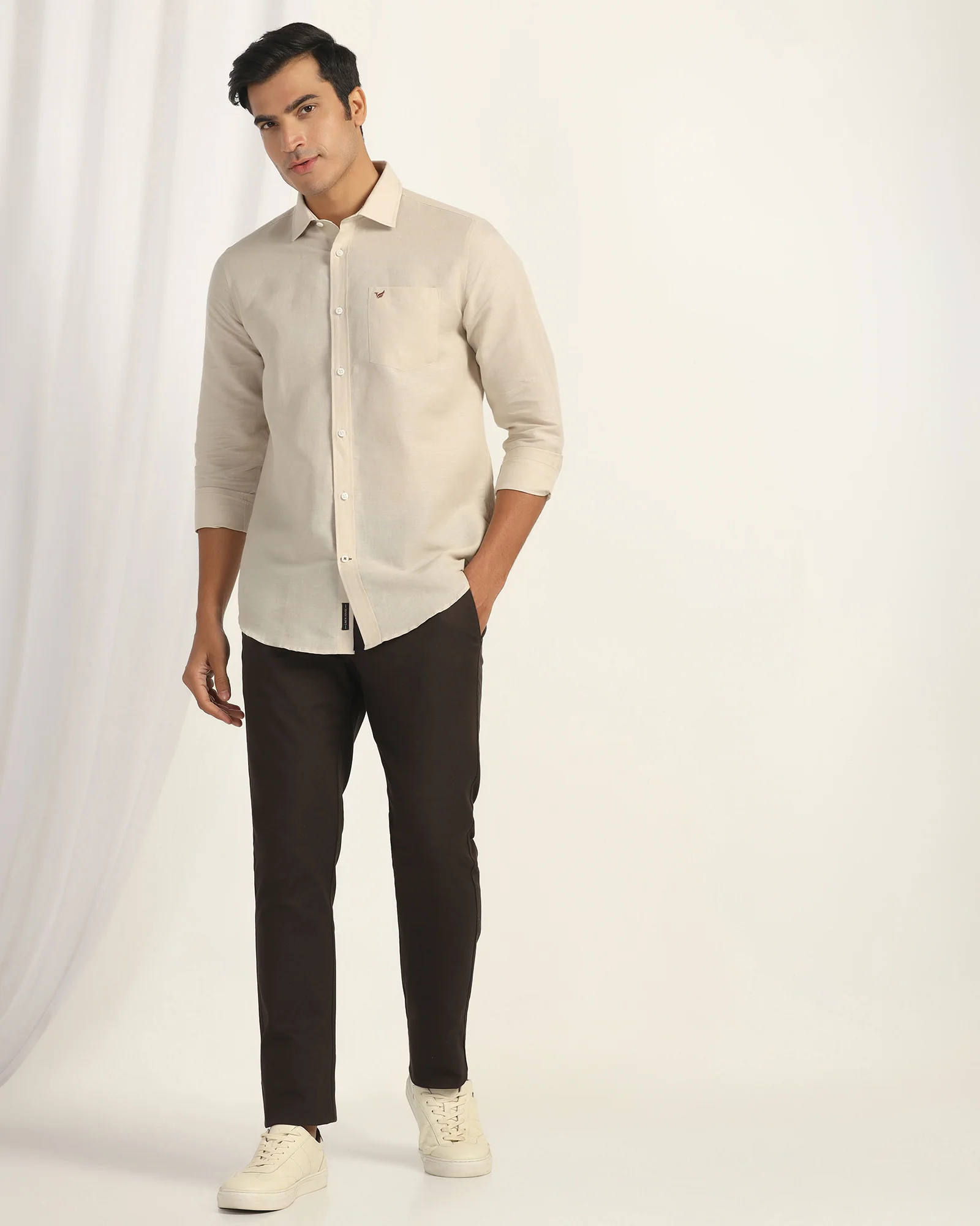 Linen Casual Natural Solid Shirt - Salmon - Image 3