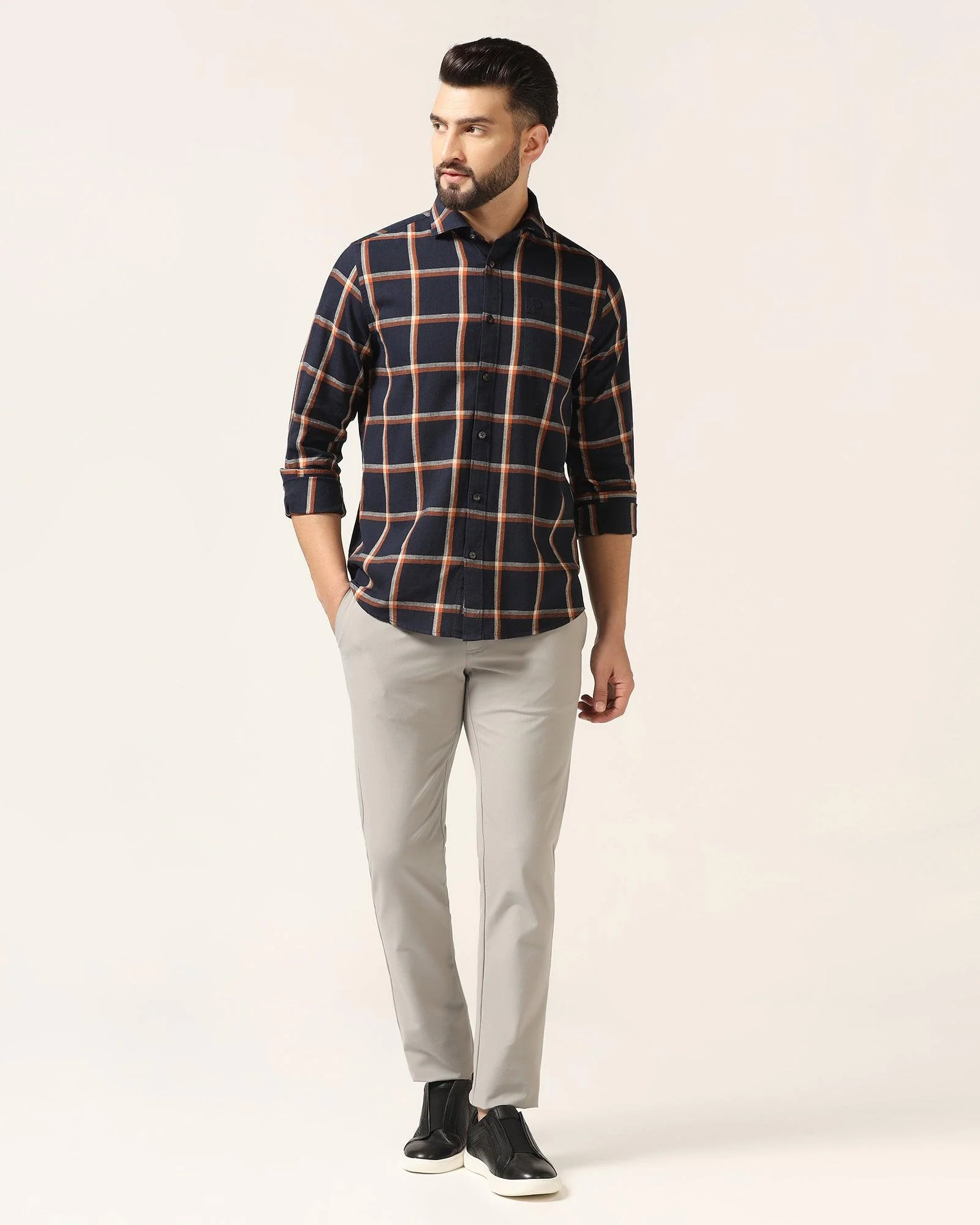 Linen Casual Navy Check Shirt - Albert - Image 3