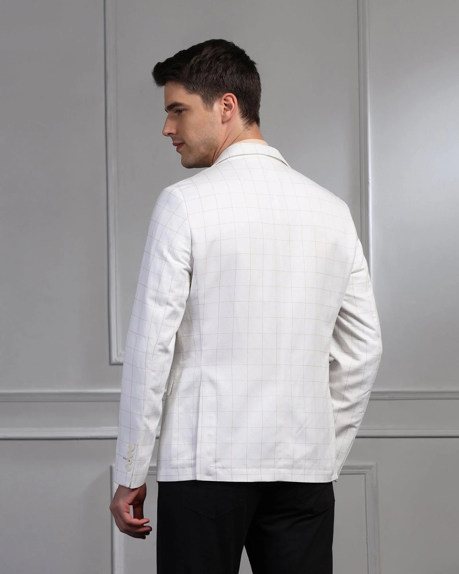 Linen Casual Off White Check Blazer - Timothy - Image 3
