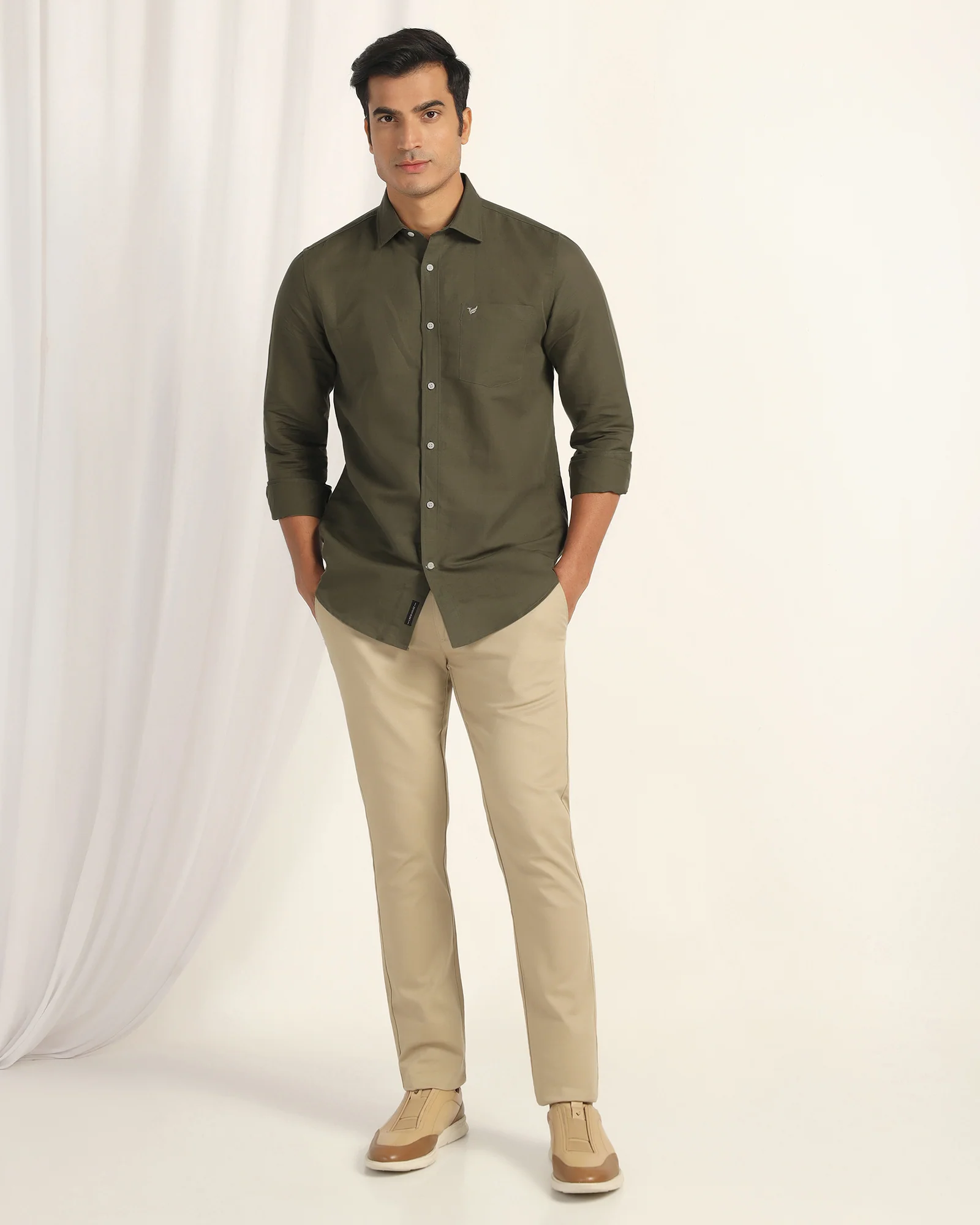 Linen Casual Olive Solid Shirt - Salmon - Image 3