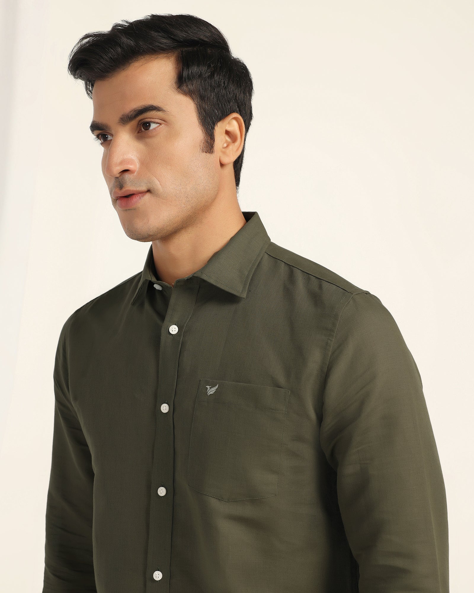 Linen Casual Olive Solid Shirt - Salmon - Image 4
