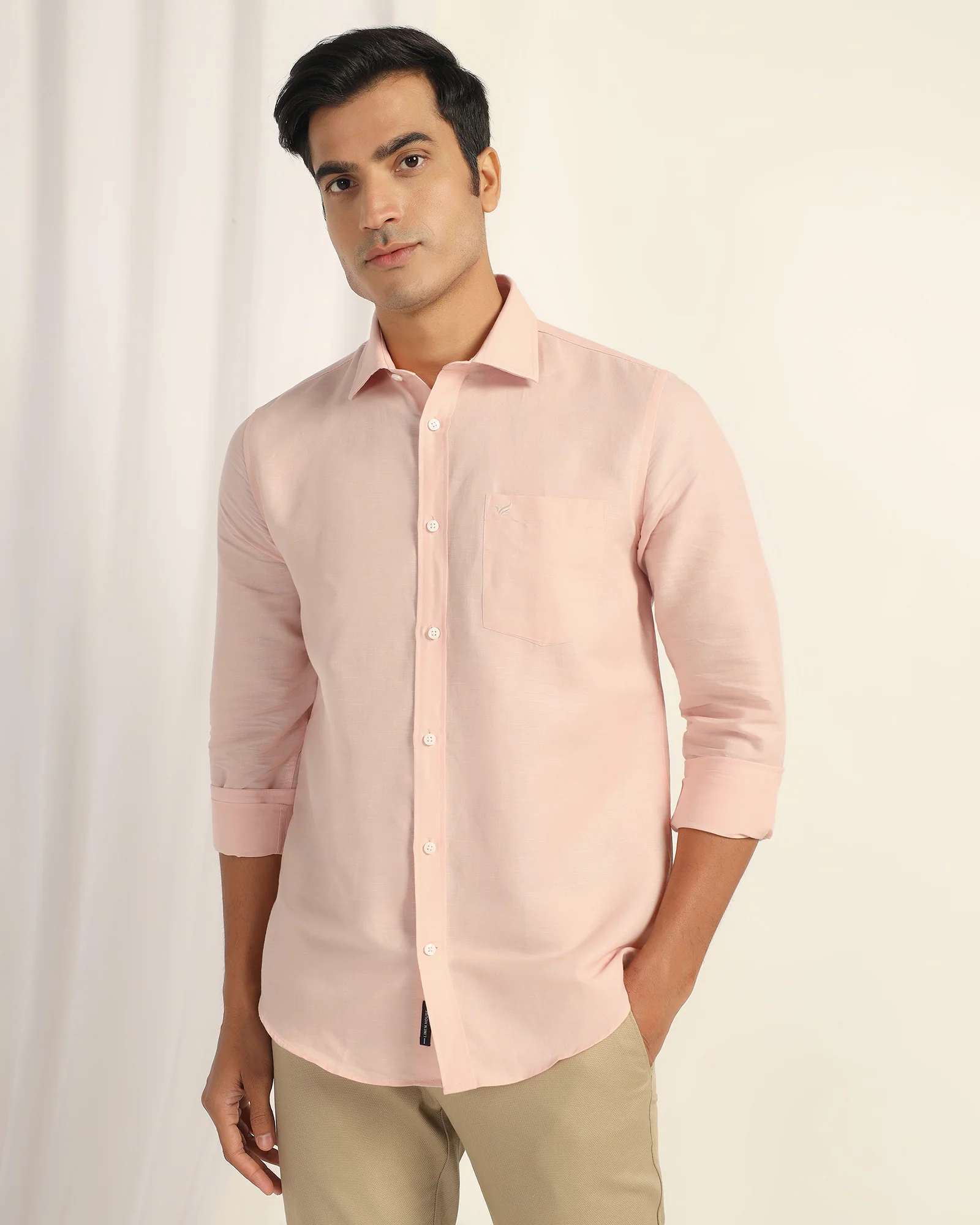 Linen Casual Peach Solid Shirt - Salmon - Image 2