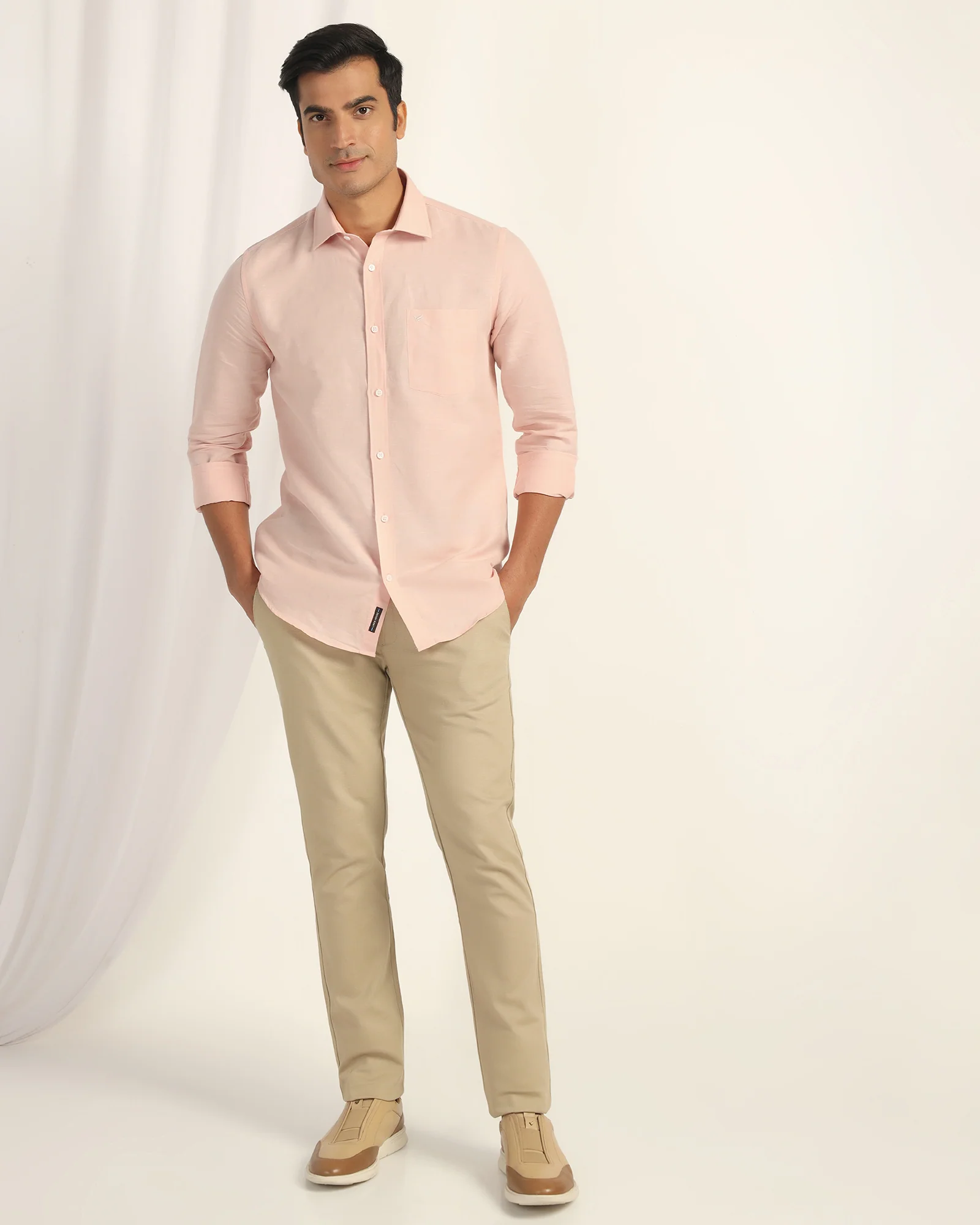 Linen Casual Peach Solid Shirt - Salmon - Image 5