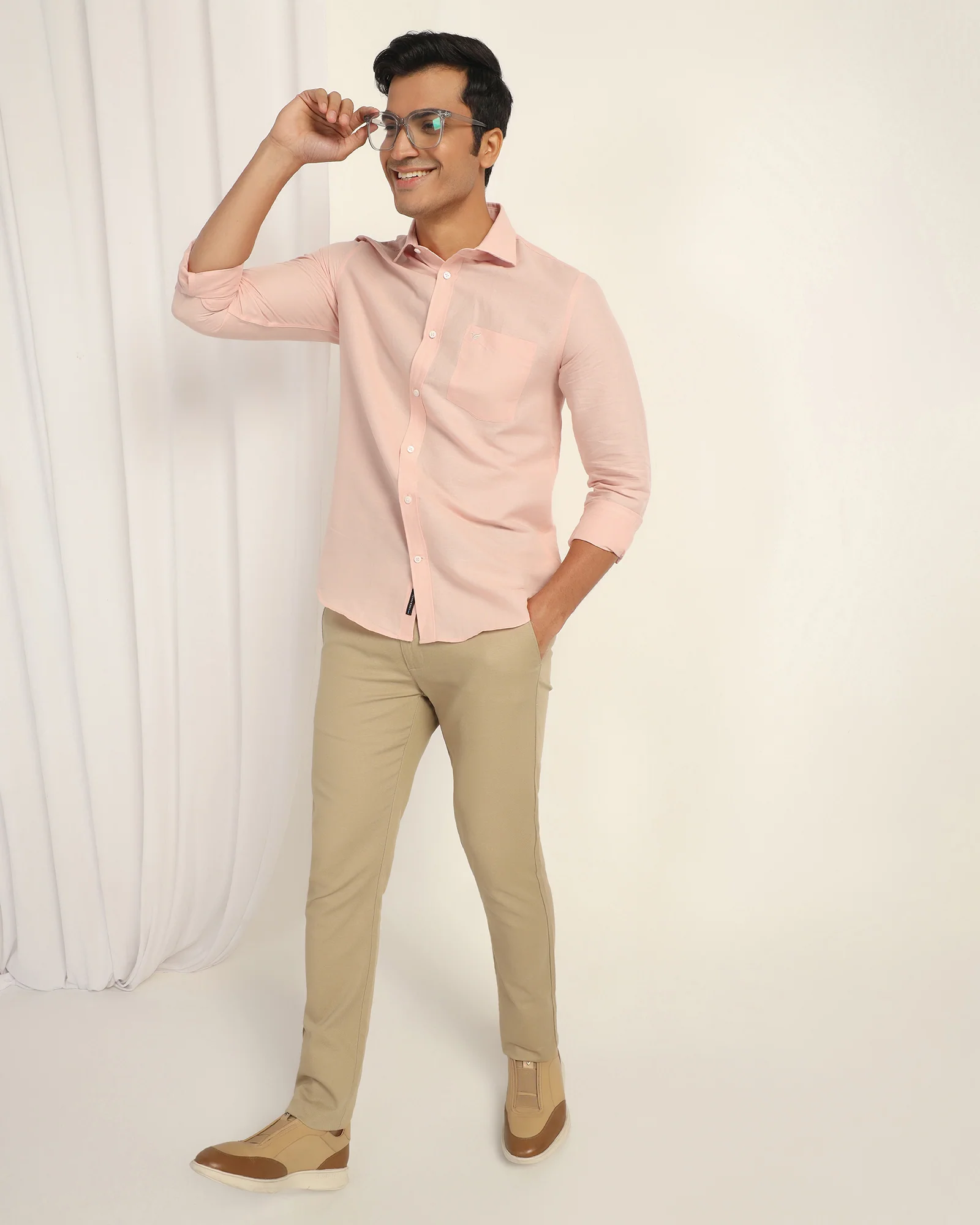 Linen Casual Peach Solid Shirt - Salmon - Image 7