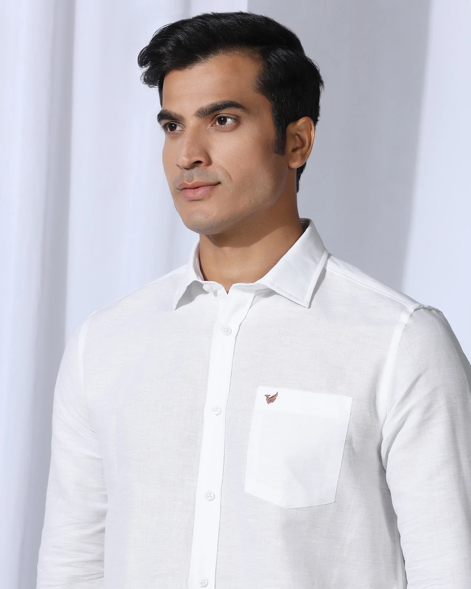 Linen Casual White Solid Shirt - Salmon - Image 5