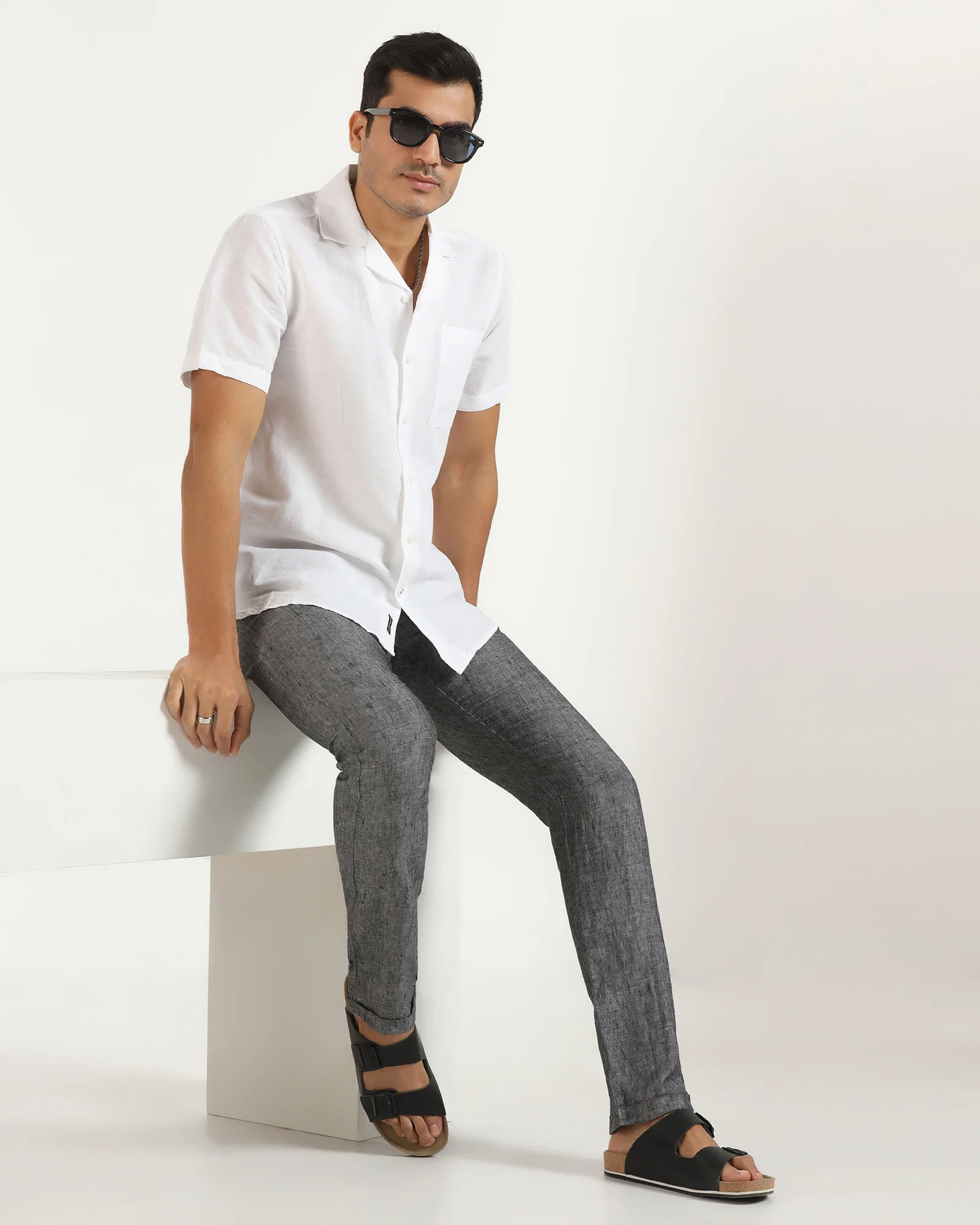 Linen Slim Comfort B-95 Casual Charcoal Solid Khakis - Chales - Image 7