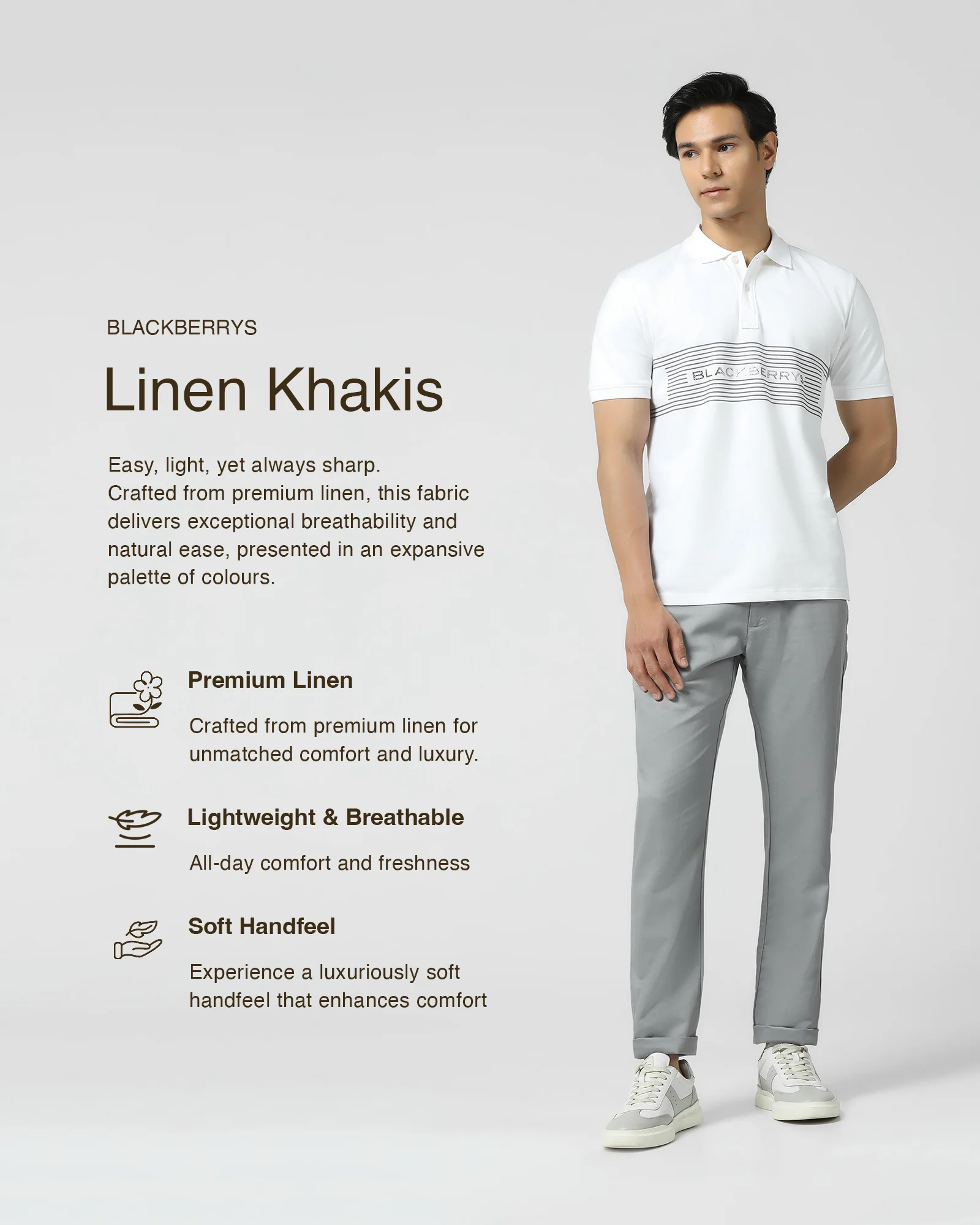 Linen Slim Comfort B-95 Casual Grey Solid Khakis - Edwin - Image 3