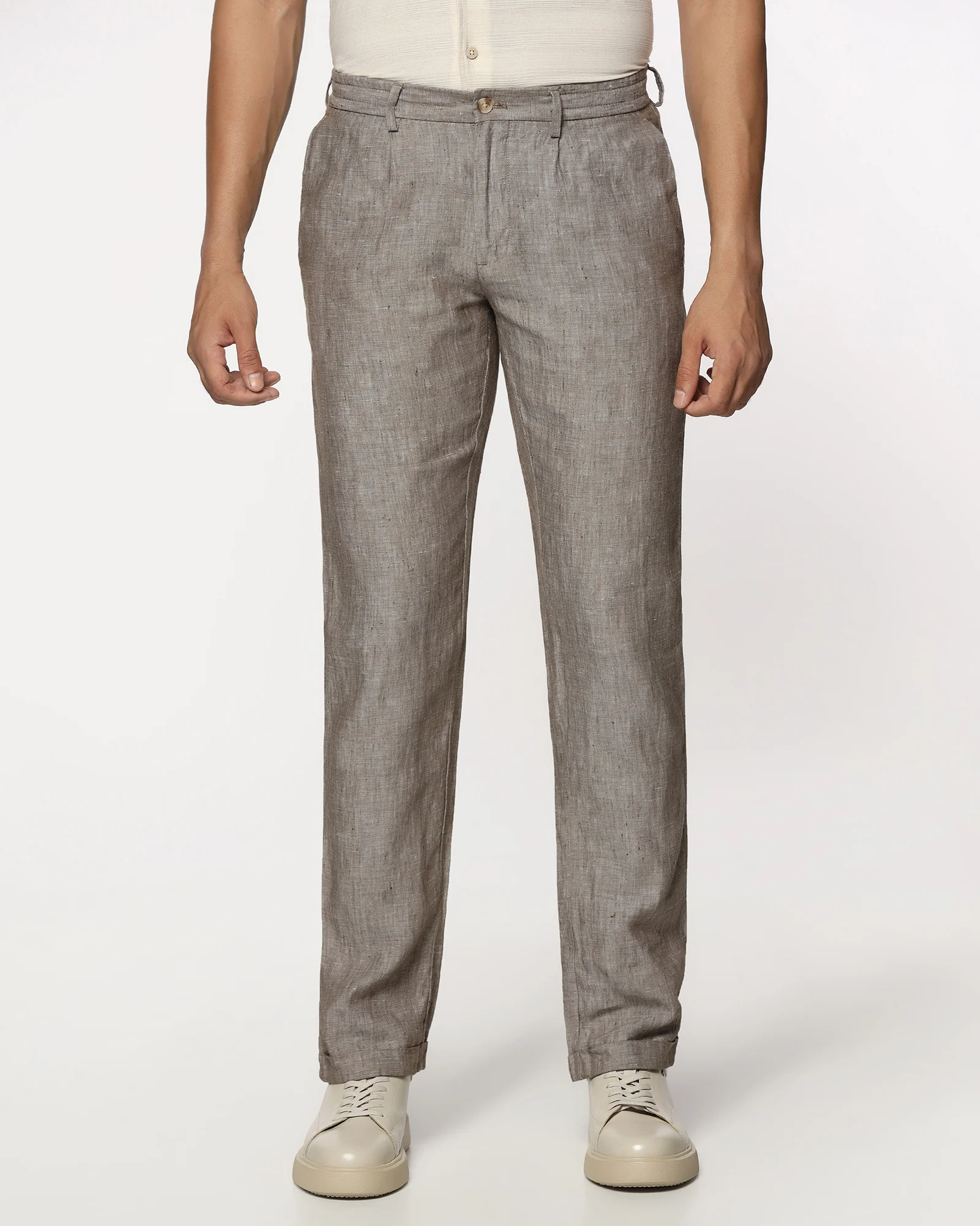 Linen Slim Comfort B-95 Casual Mouse Solid Khakis - Chales - Image 3