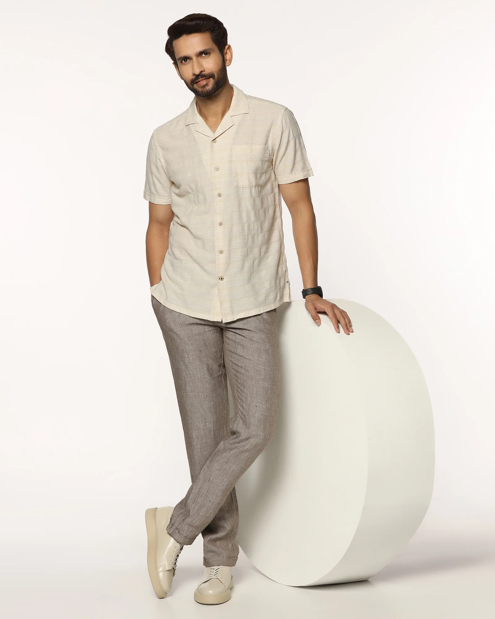 Linen Slim Comfort B-95 Casual Mouse Solid Khakis - Chales - Image 7