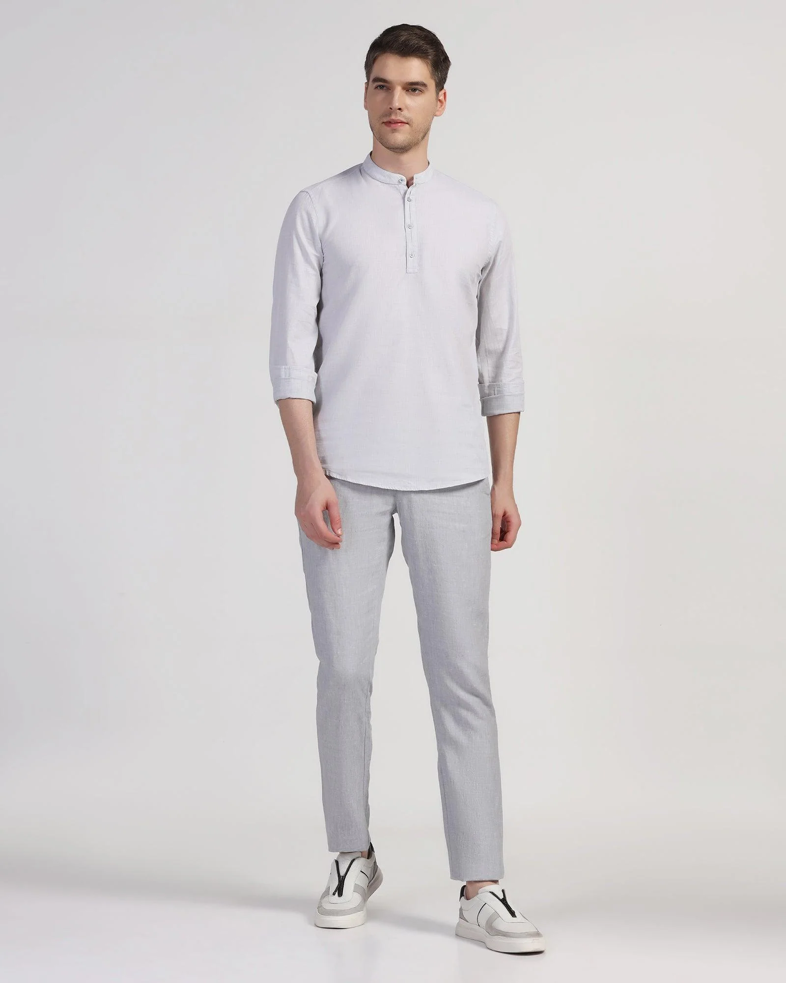 Linen Slim Comfort Casual Light Grey Solid Khakis - Silver