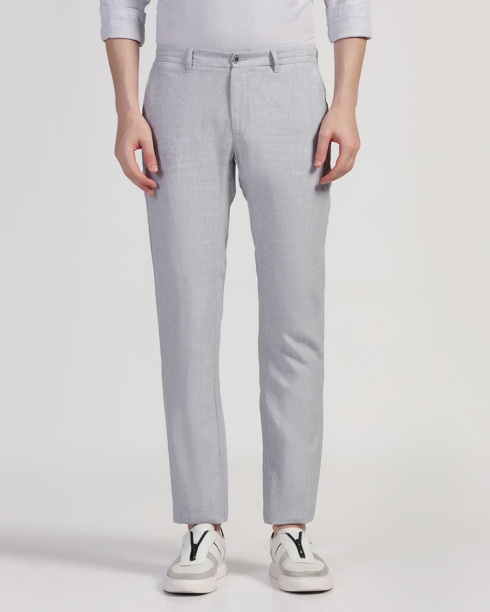 Linen Slim Comfort Casual Light Grey Solid Khakis - Silver - Image 3
