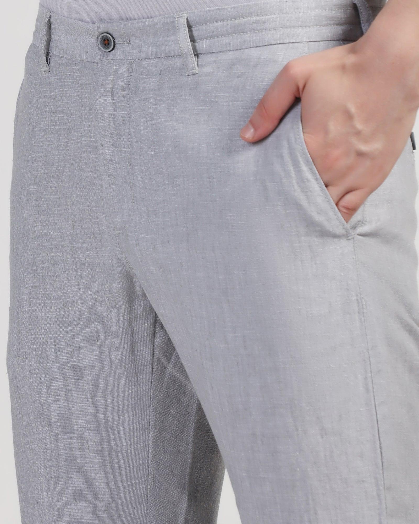 Linen Slim Comfort Casual Light Grey Solid Khakis - Silver - Image 4