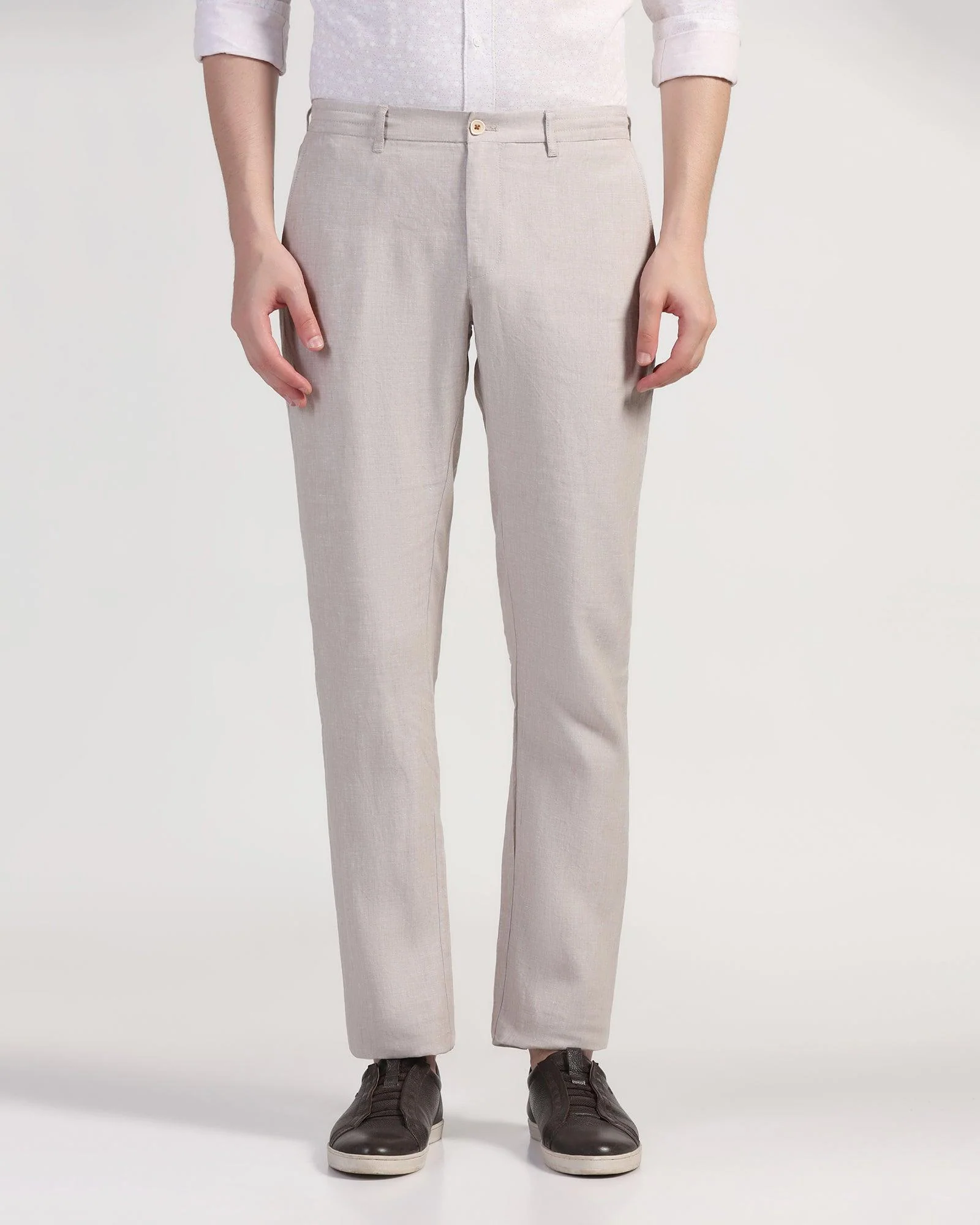 Linen Slim Comfort Casual Natural Solid Khakis - Silver - Image 3