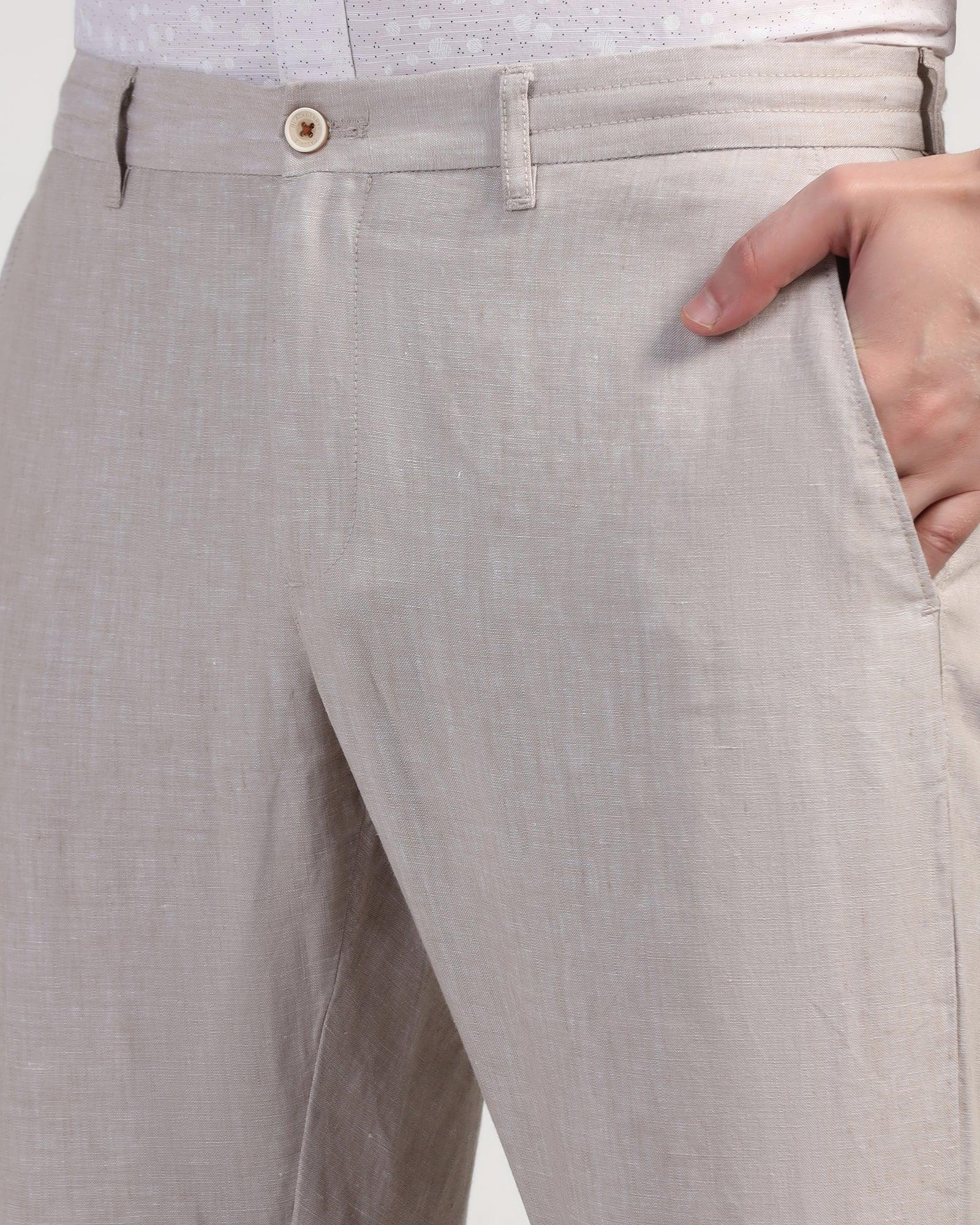 Linen Slim Comfort Casual Natural Solid Khakis - Silver - Image 4