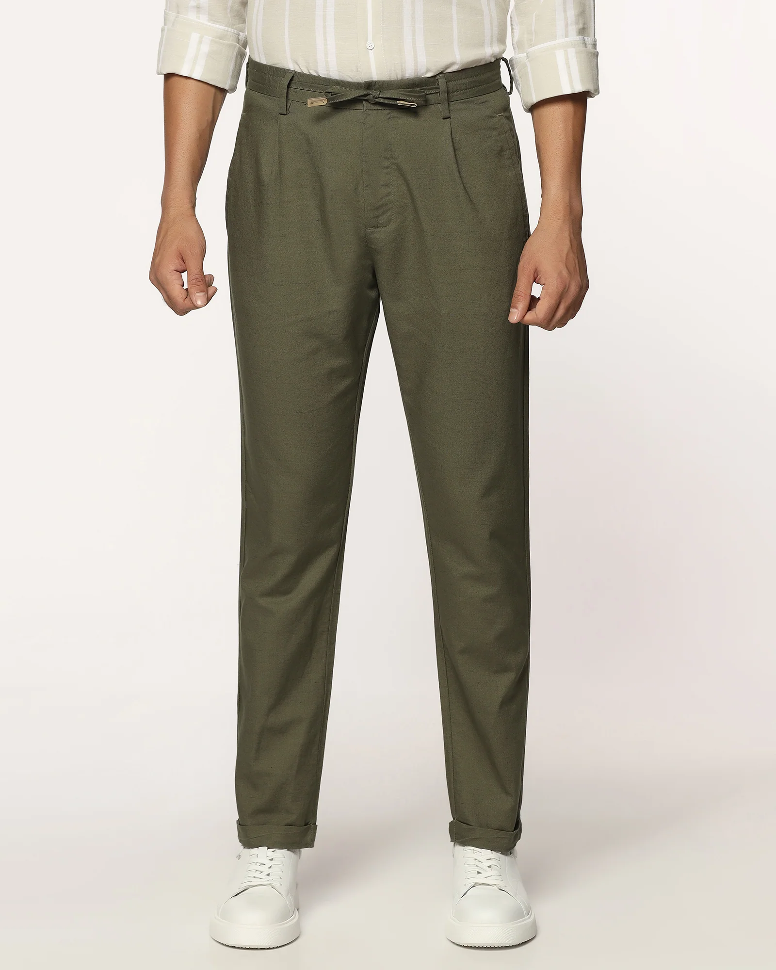 Linen Sneaker Fit Casual Olive Solid Khakis - Kinston - Image 3
