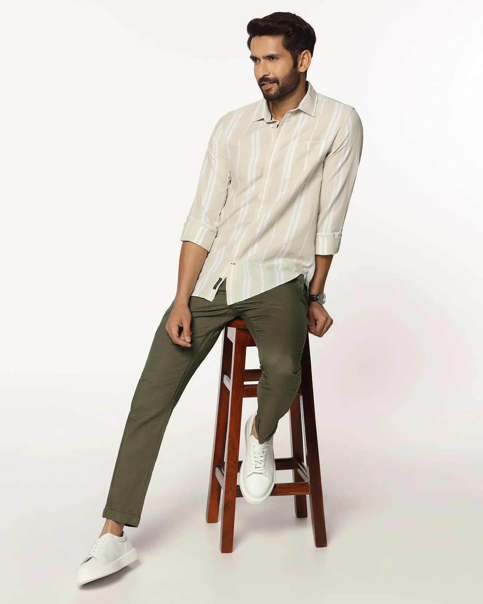 Linen Sneaker Fit Casual Olive Solid Khakis - Kinston - Image 7
