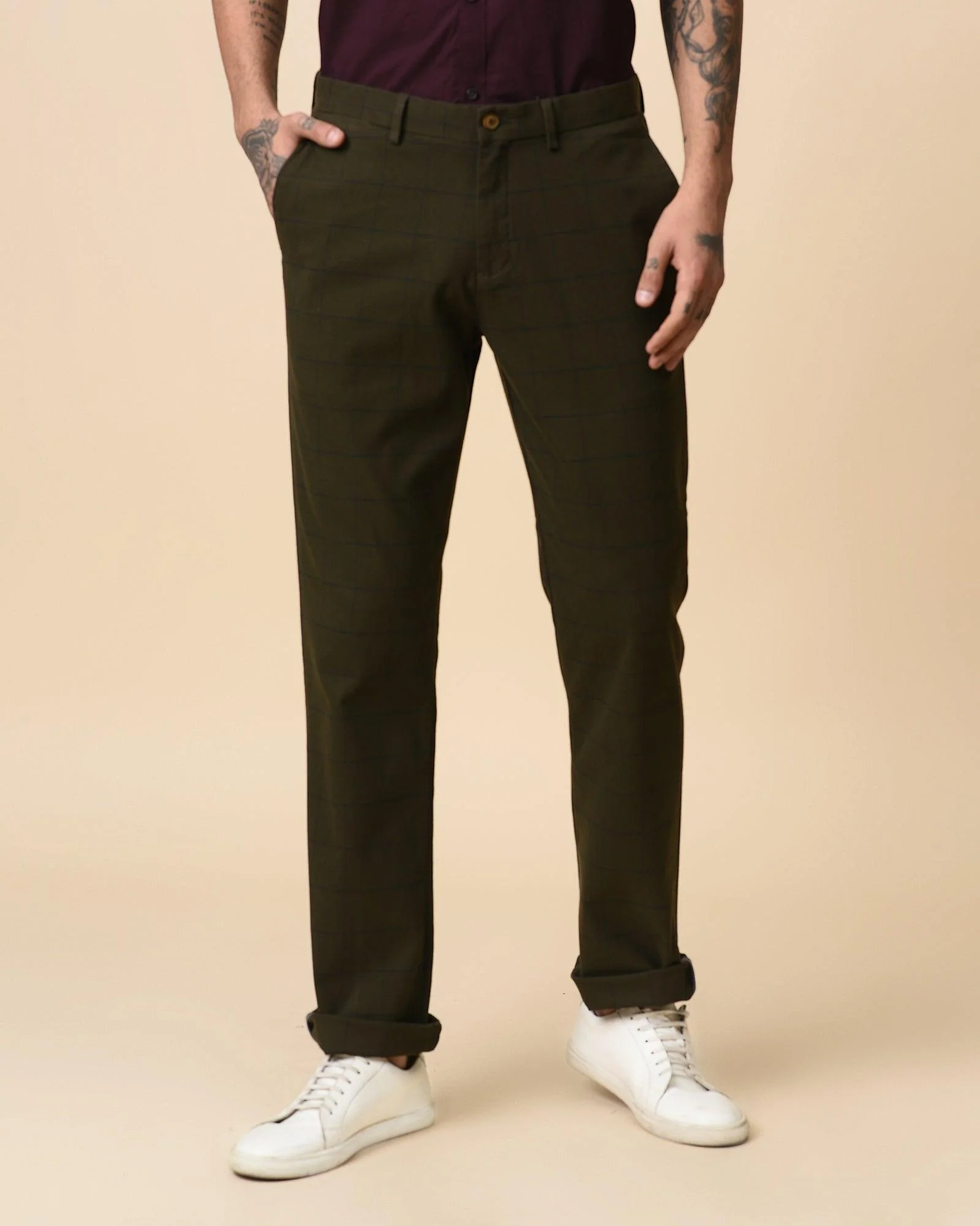 Straight B-90 Casual Olive Check Khakis - Loki - Image 3