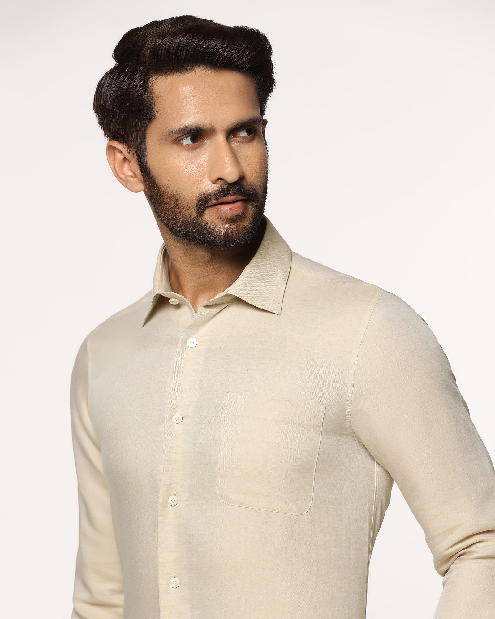 Luxe Linen Formal Beige Textured Shirt - Veltry - Image 4