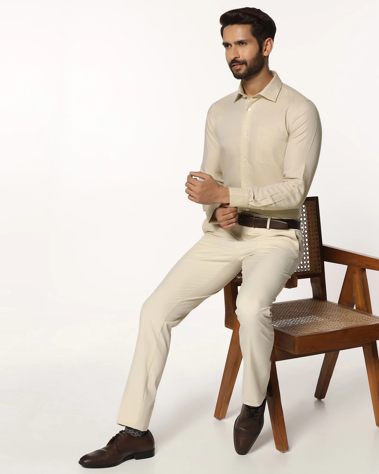 Luxe Linen Formal Beige Textured Shirt - Veltry - Image 7