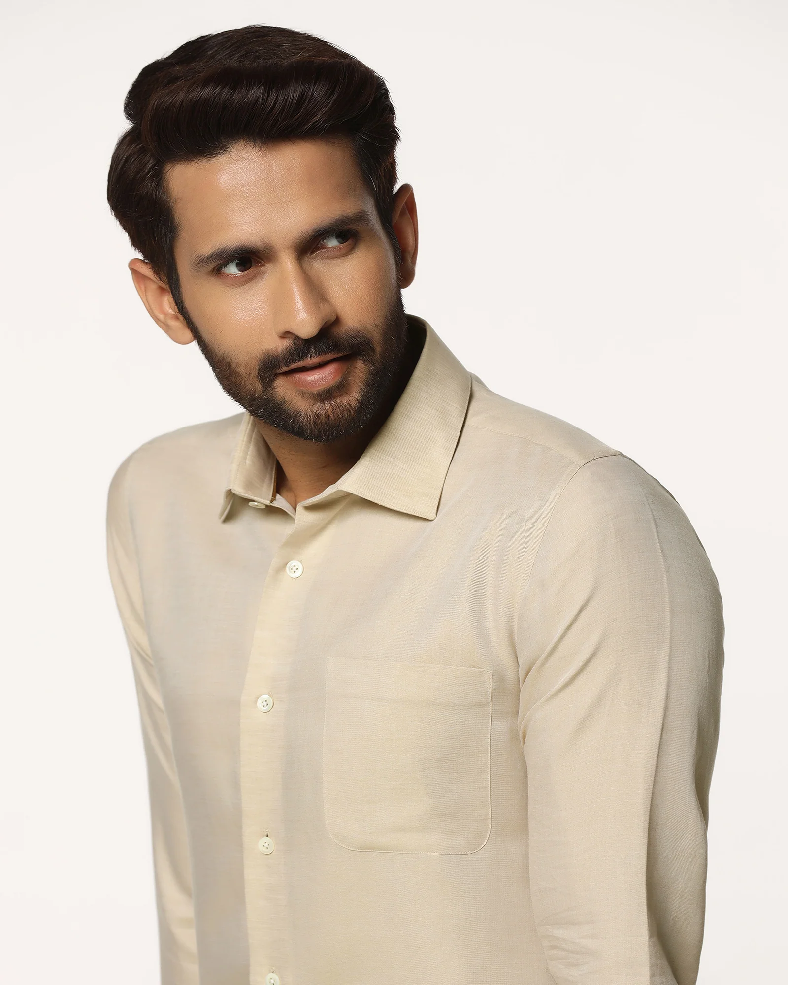 Luxe Linen Formal Beige Textured Shirt - Veltry - Image 9