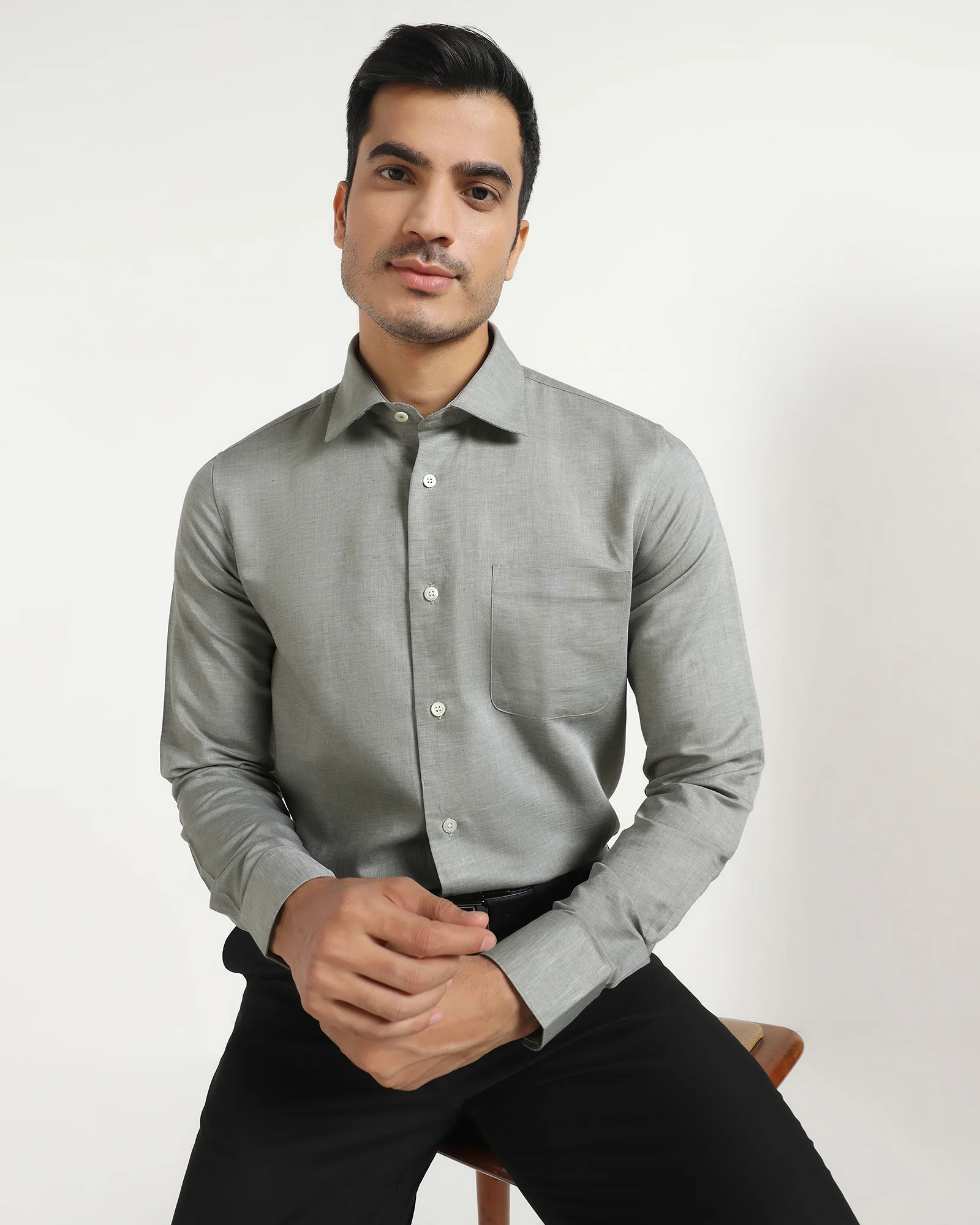 Luxe Linen Formal Grey Textured Shirt - Veltry - Image 7