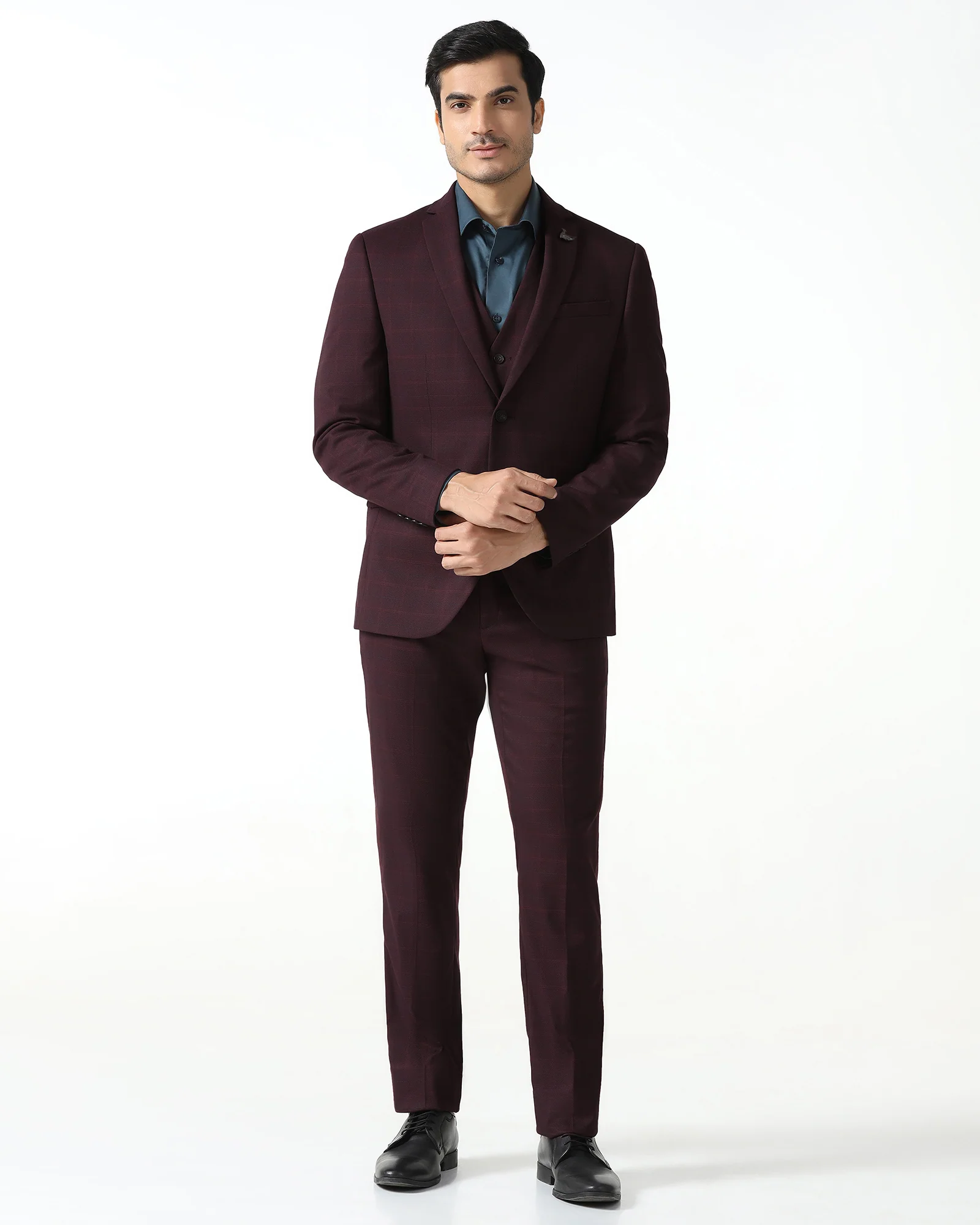 Maroon Three Piece Check Suit - Qester - Image 3