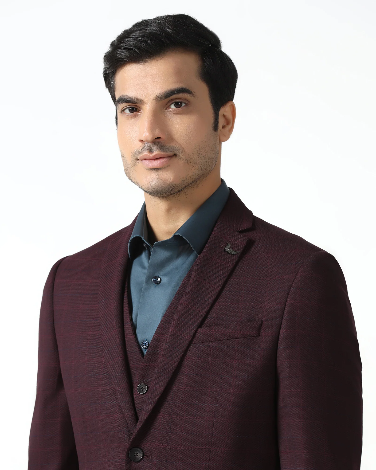 Maroon Three Piece Check Suit - Qester - Image 4
