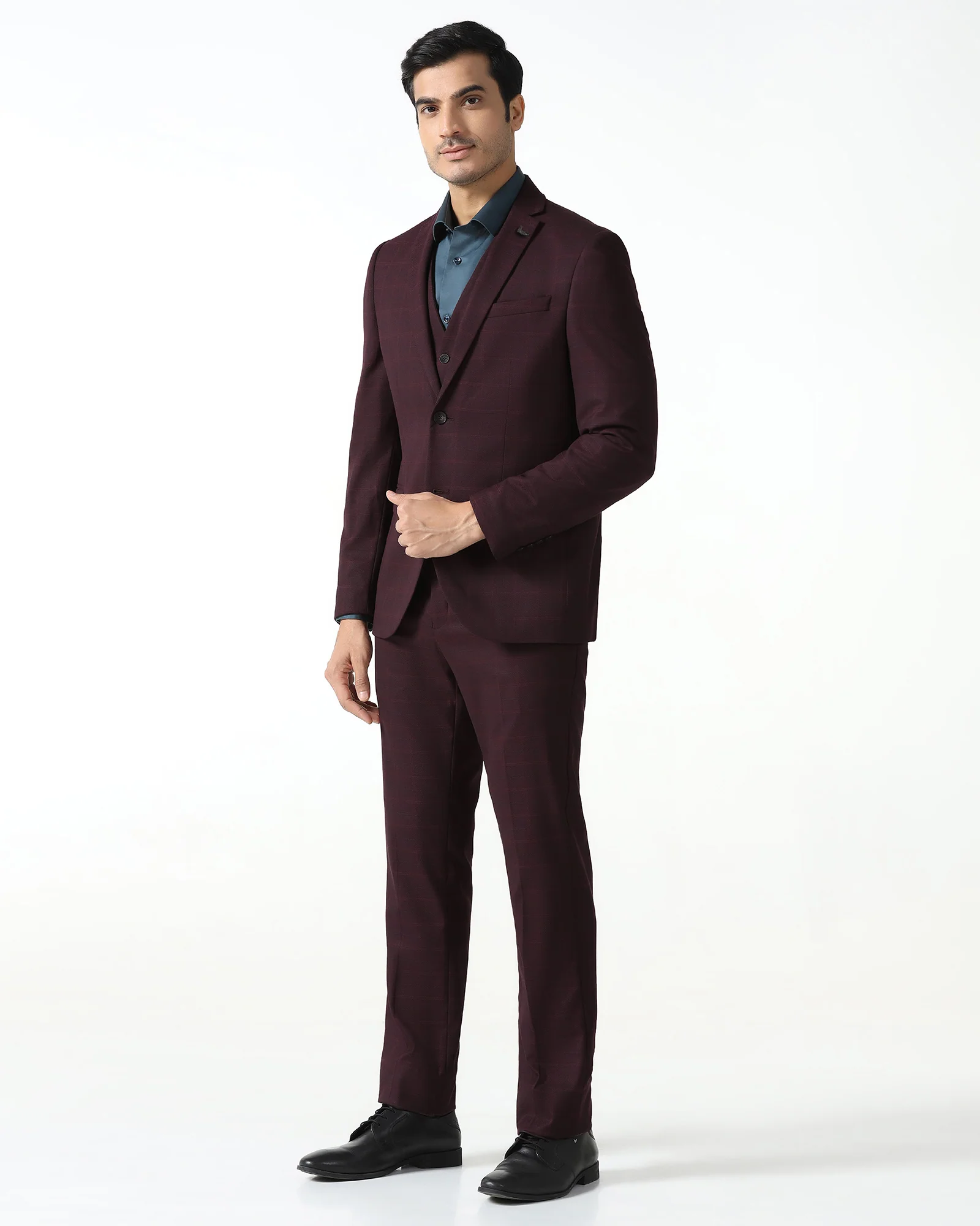 Maroon Three Piece Check Suit - Qester - Image 9