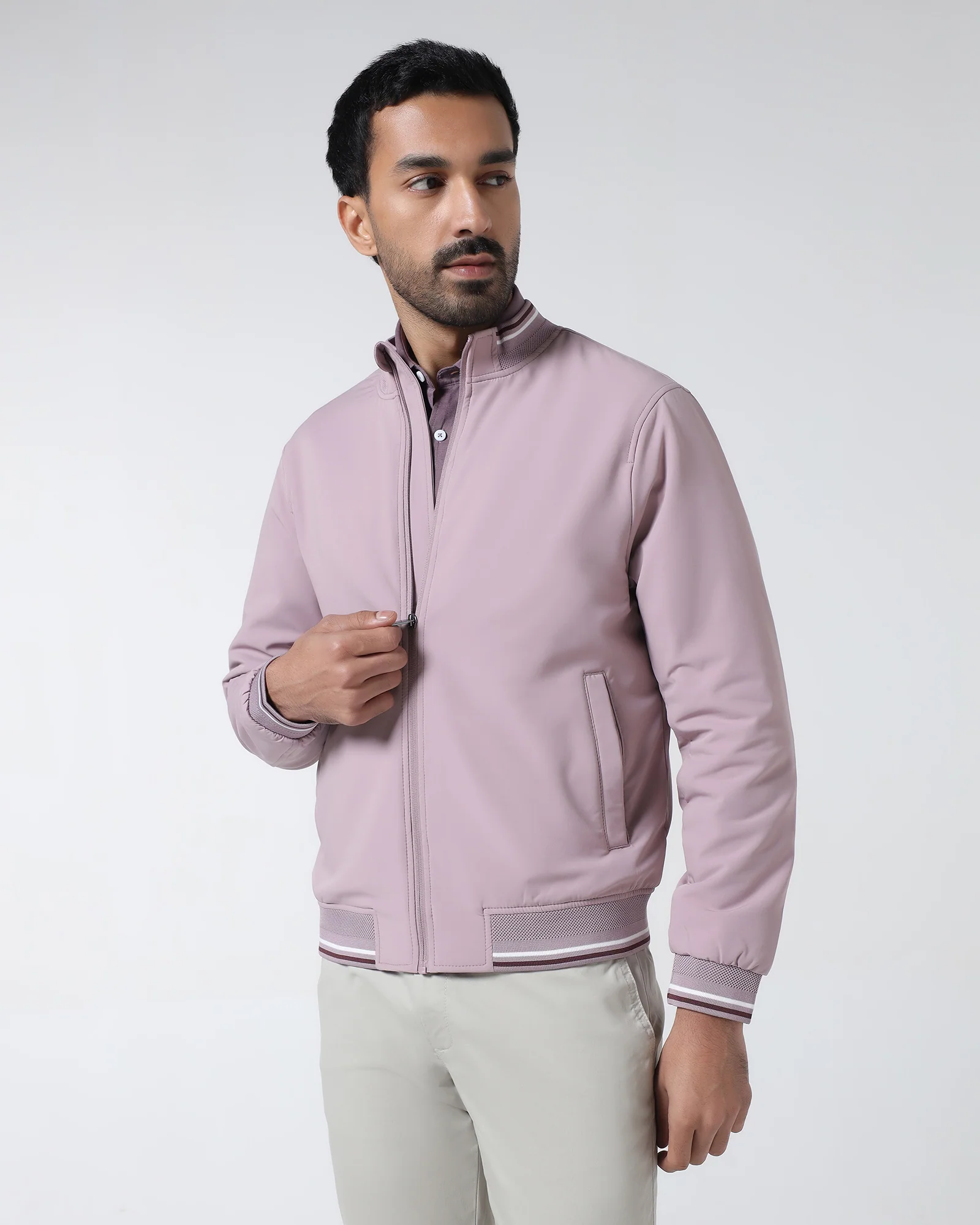Mauve Solid Zipper Jacket - Dornell
