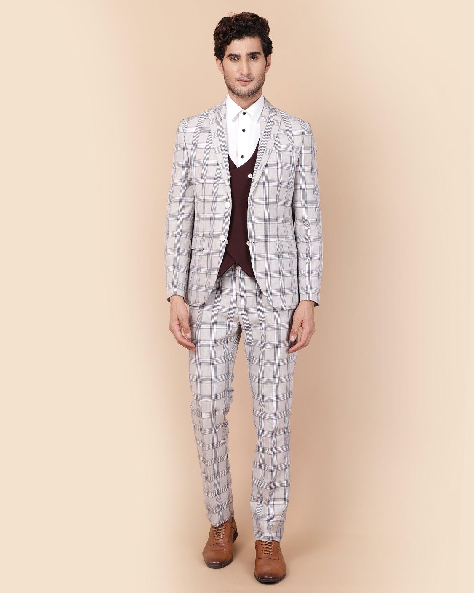Linen Three Piece Light Grey Check Formal Suit - Meyer