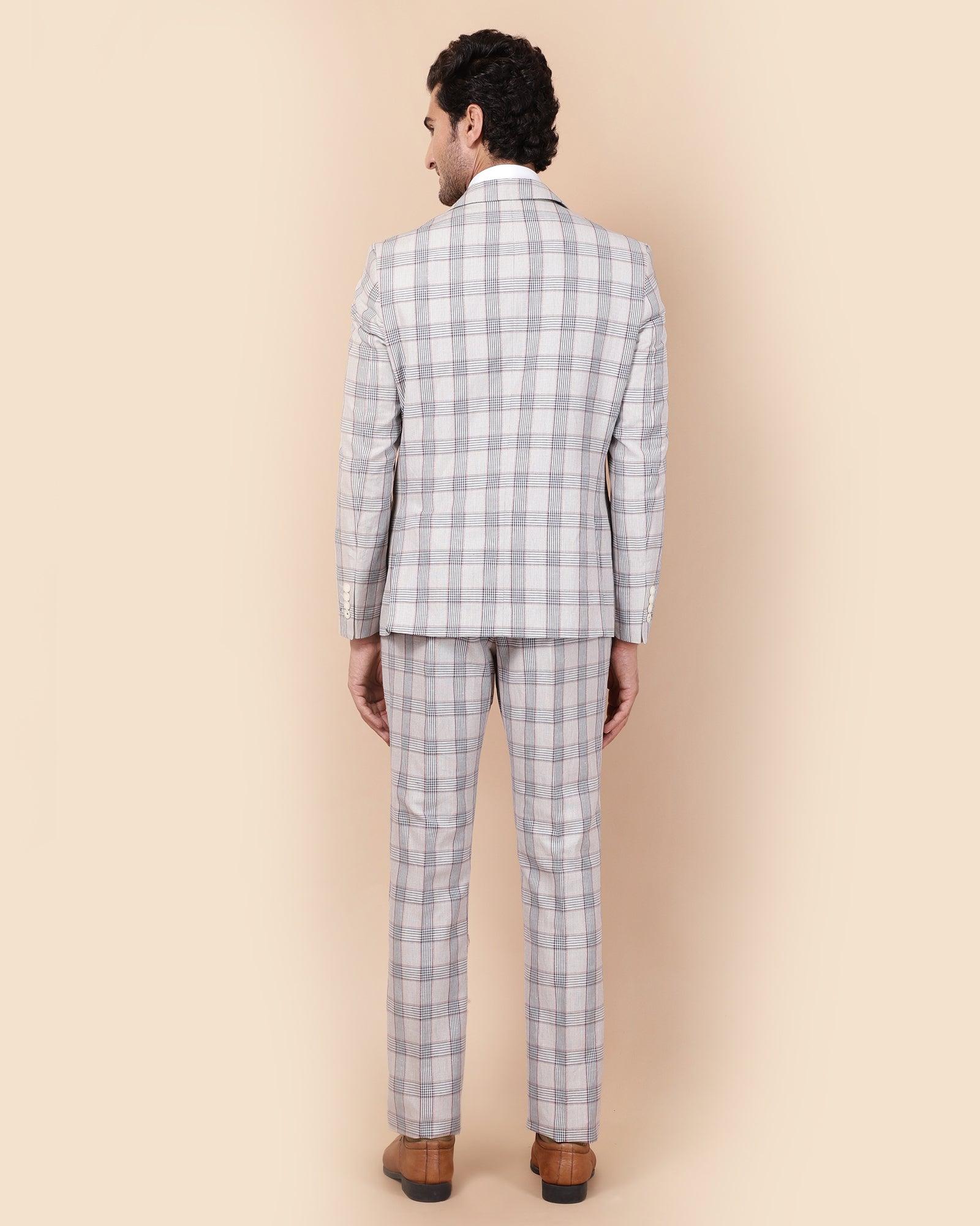 Linen Three Piece Light Grey Check Formal Suit - Meyer - Image 2