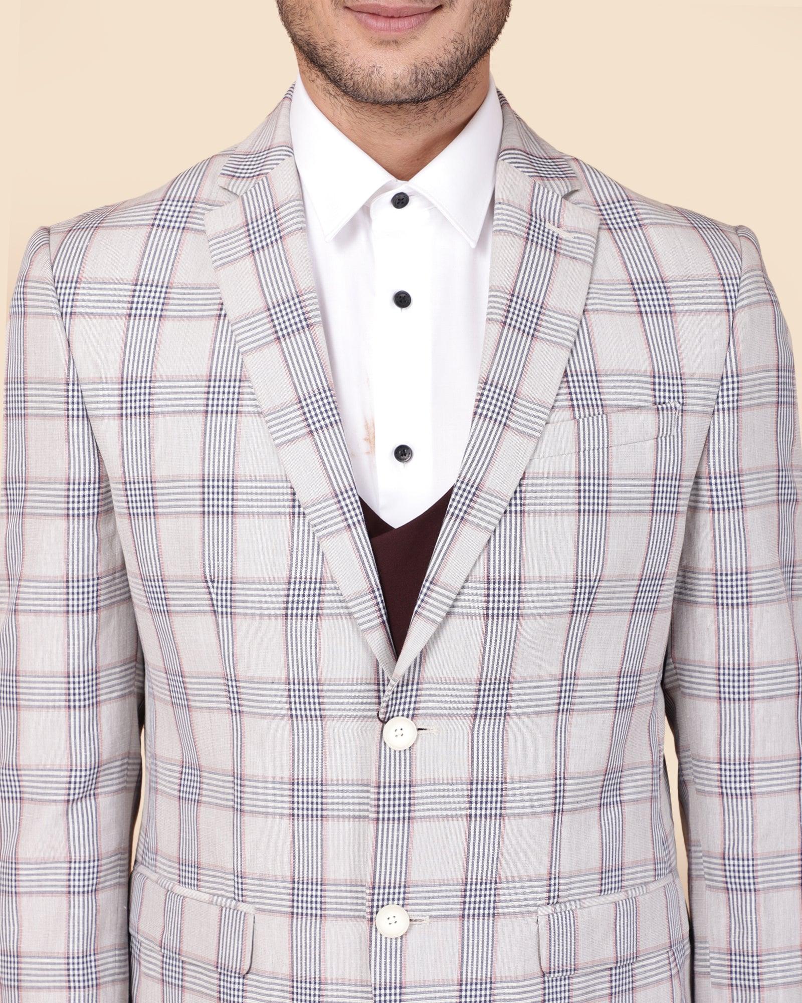 Linen Three Piece Light Grey Check Formal Suit - Meyer - Image 4