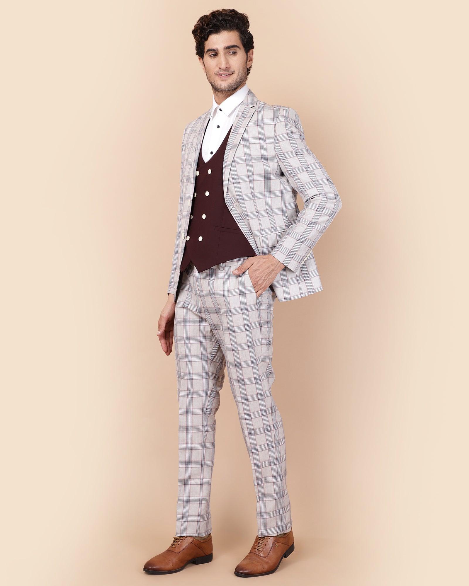 Linen Three Piece Light Grey Check Formal Suit - Meyer - Image 5