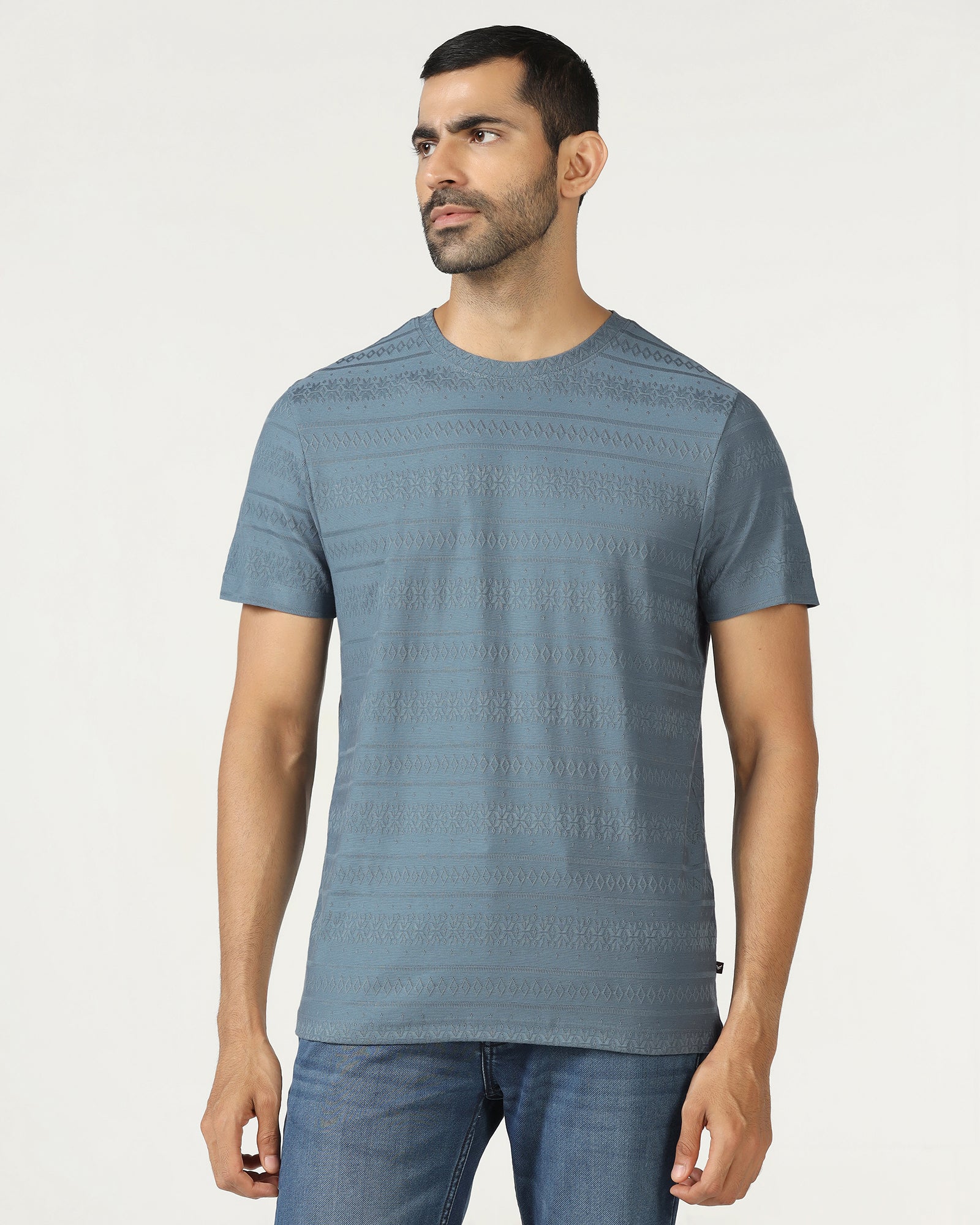 Mid Blue Crew Neck Textured T-Shirt - Lep - Image 2
