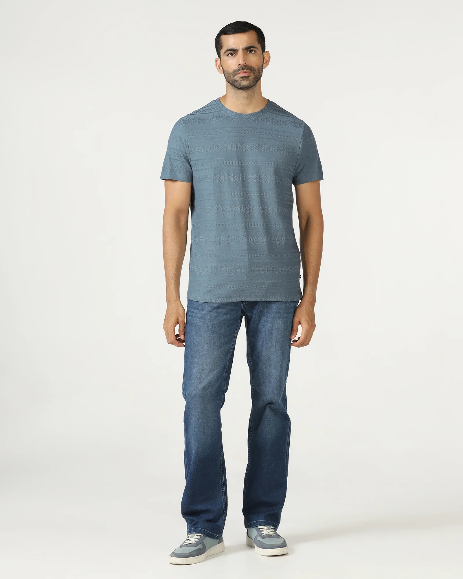 Mid Blue Crew Neck Textured T-Shirt - Lep - Image 4