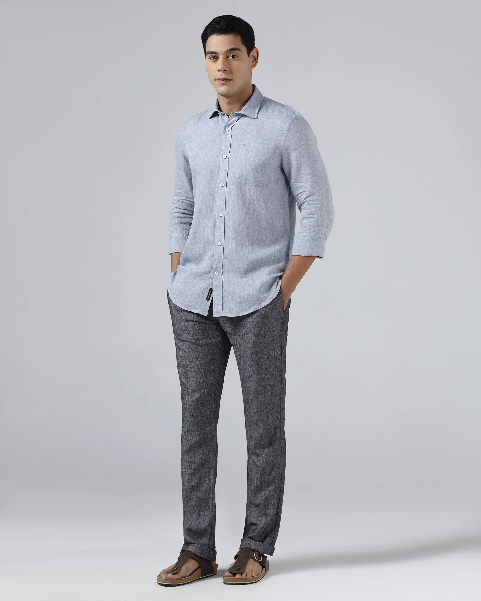 Mid Blue Linen Solid Shirt - Stelo - Image 3