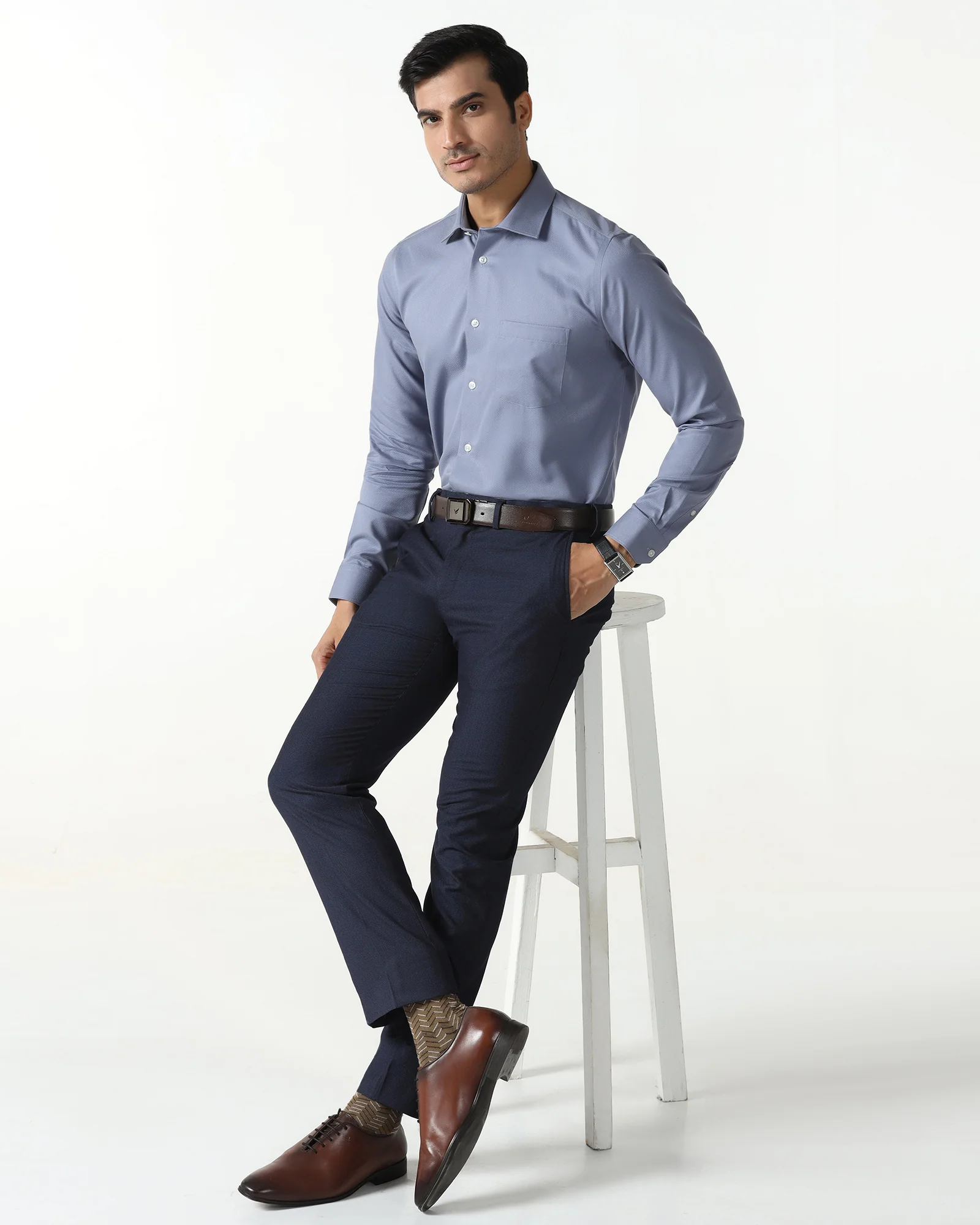 Mid Blue Non Iron Textured Shirt - P31 - Image 7