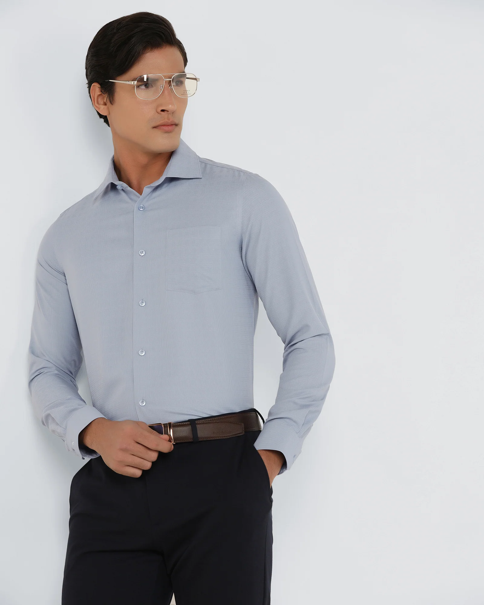 Mid Blue Non Iron Textured Shirt - Reform E - Image 7