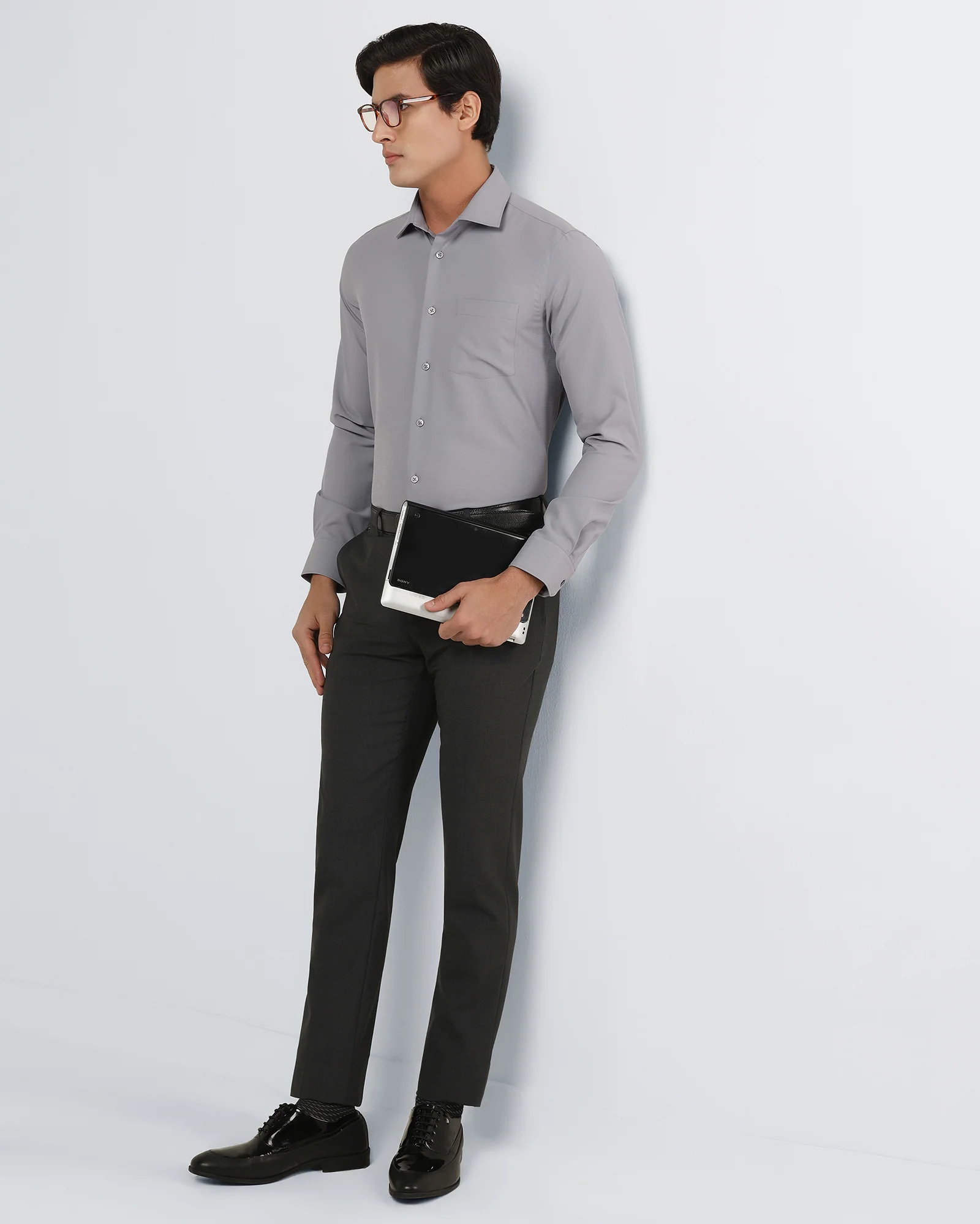 Mid Grey Non Iron Textured Shirt - Relay E - Image 8
