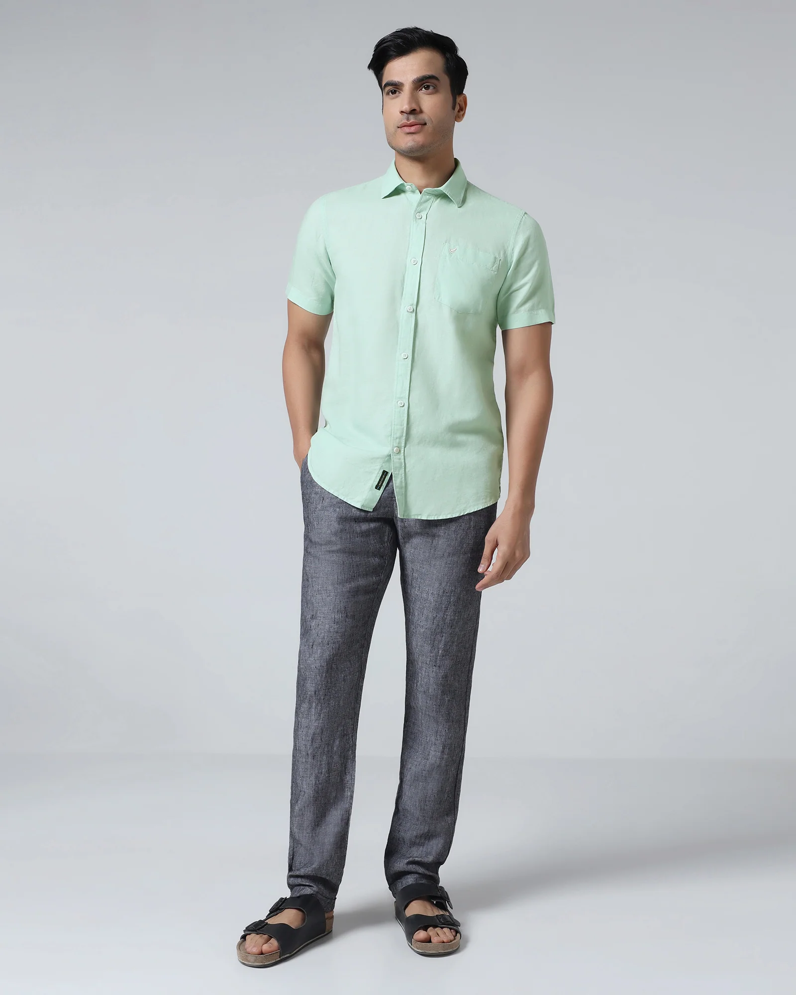 Mint Half Sleeve Linen Solid Shirt - Cleo - Image 3