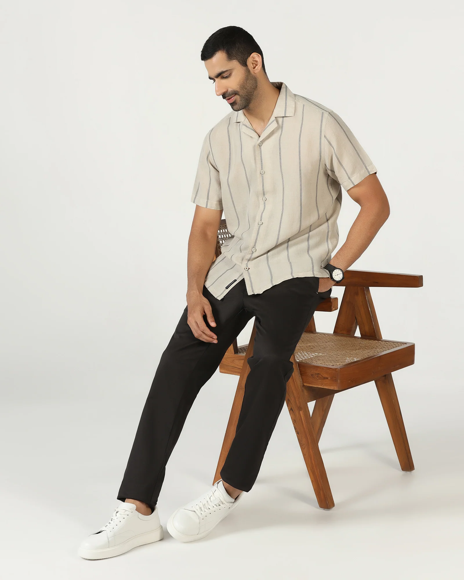 Natural Half Sleeve Linen Stripe Shirt - Ramiro - Image 7