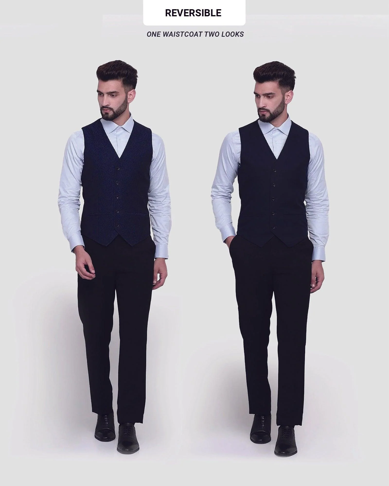 V-Neck Formal Navy Jacquard Waistcoat - Tereno