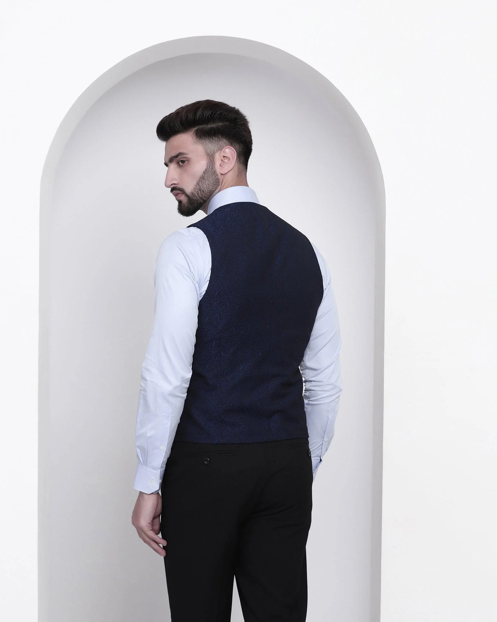 V-Neck Formal Navy Jacquard Waistcoat - Tereno - Image 2