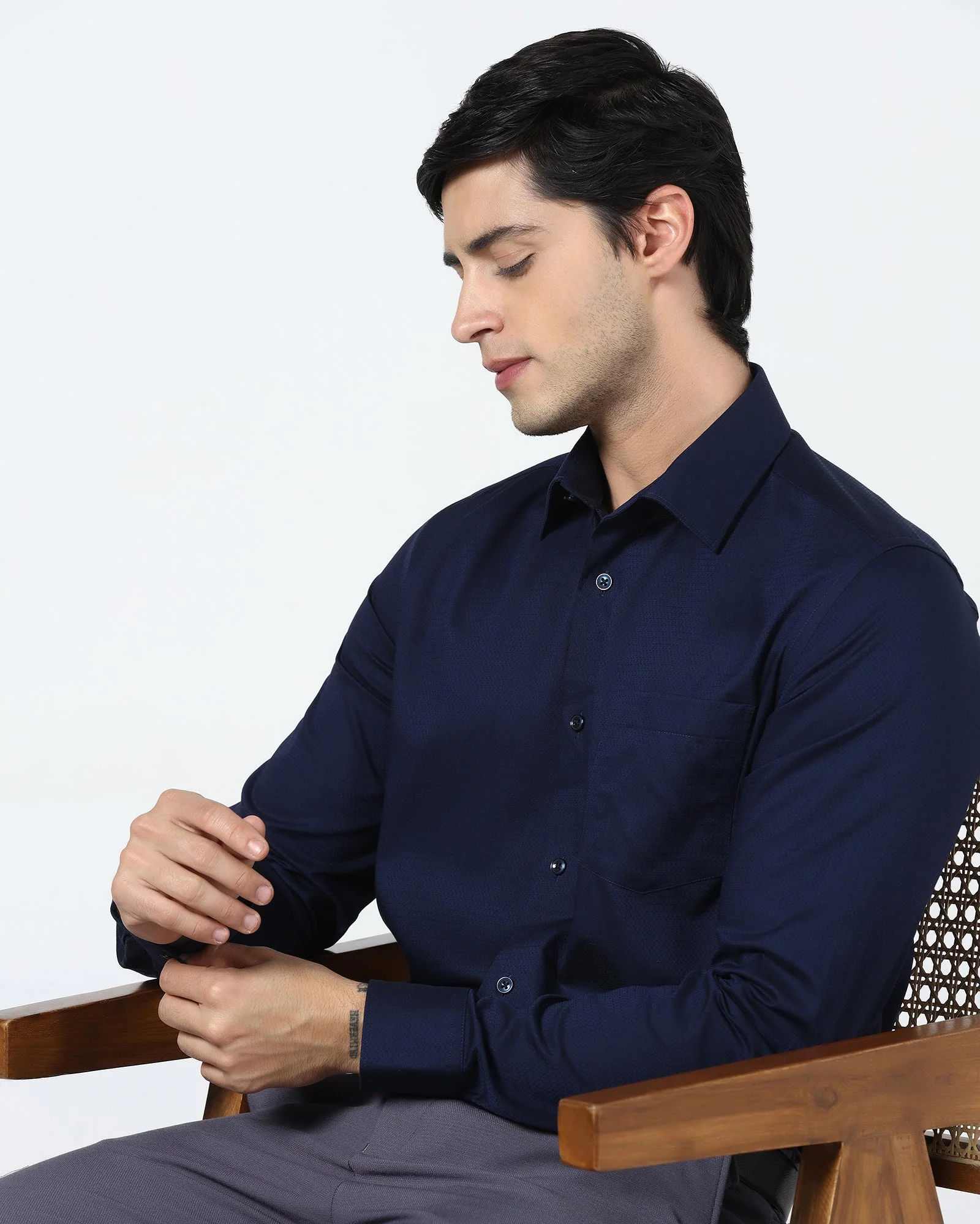 Navy Non Iron Textured Shirt - Emerald - Image 8